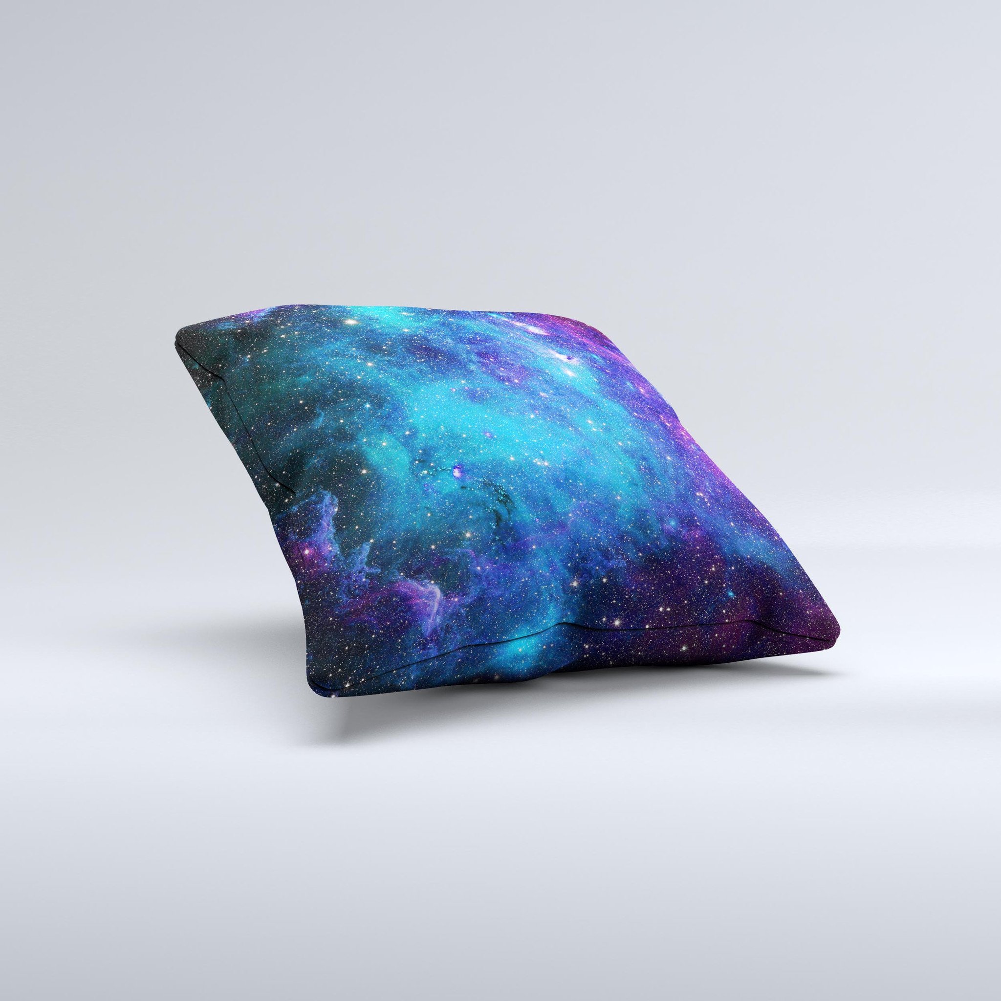 Azure Nebula ink-Fuzed Decorative Throw Pillow showcasing vibrant cosmic design on soft fabric.