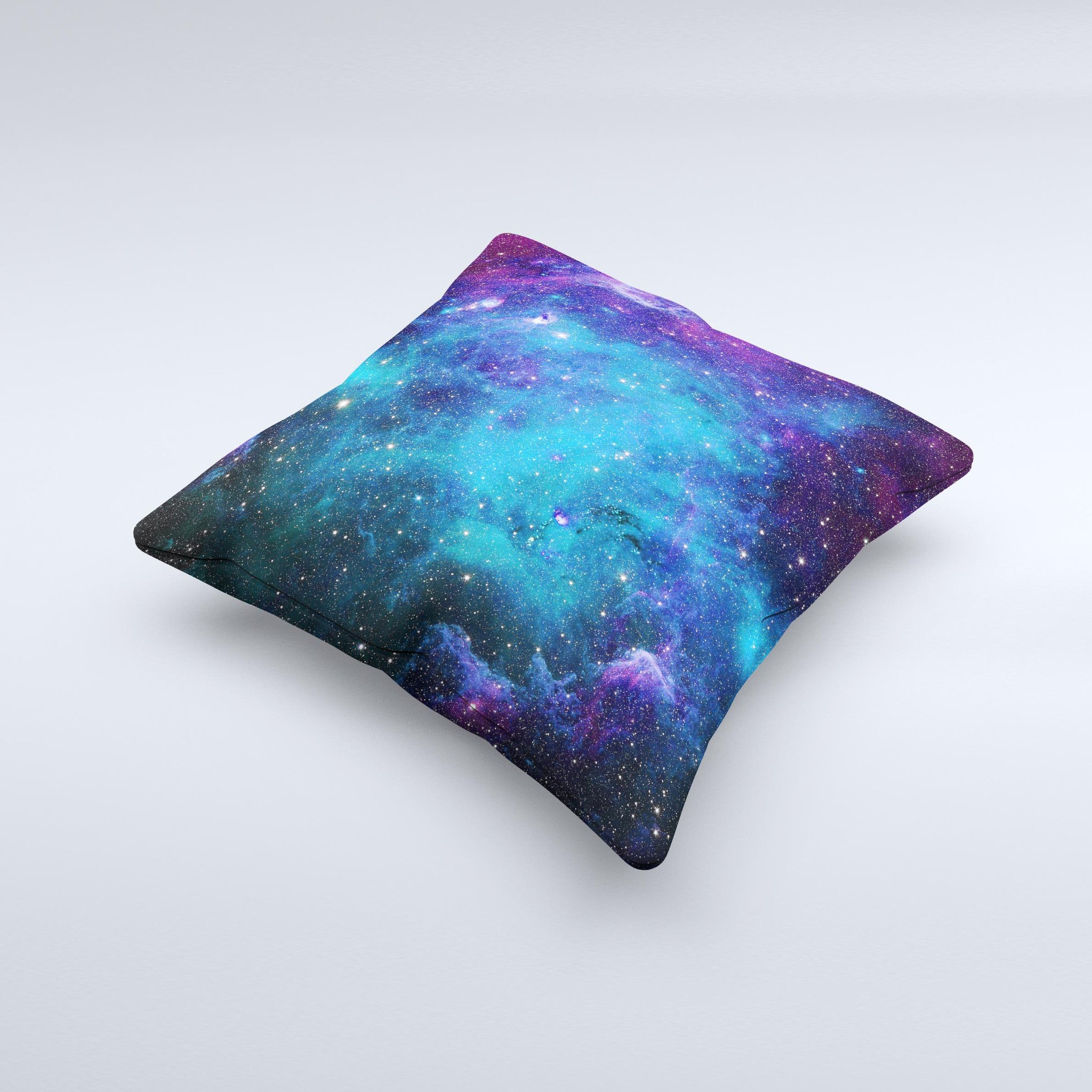 Azure Nebula ink-Fuzed Decorative Throw Pillow showcasing vibrant cosmic design on soft fabric.