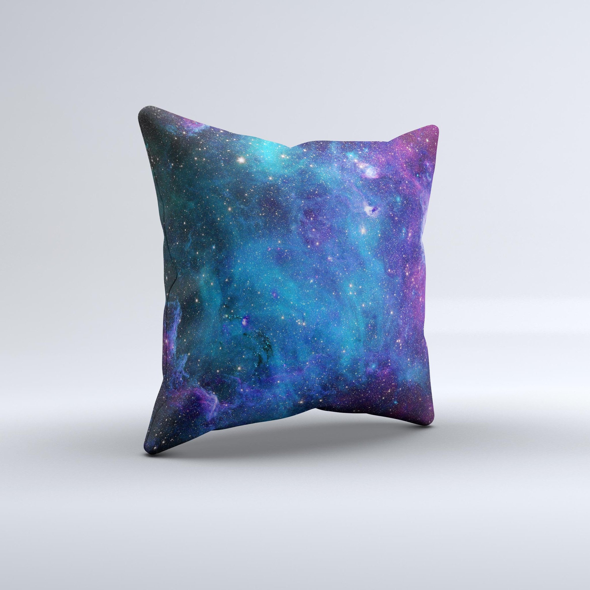 Azure Nebula ink-Fuzed Decorative Throw Pillow showcasing vibrant cosmic design on soft fabric.