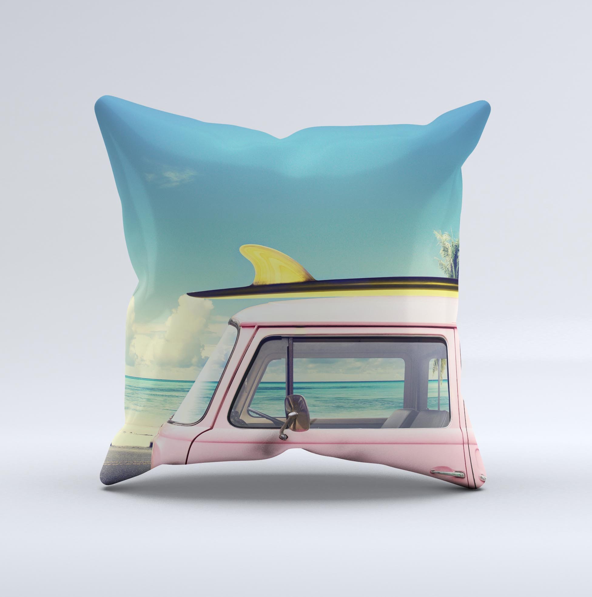 The Beach Trip ink-Fuzed Decorative Throw Pillow featuring a unique handcrafted design with high thread count fabric and vibrant colors.