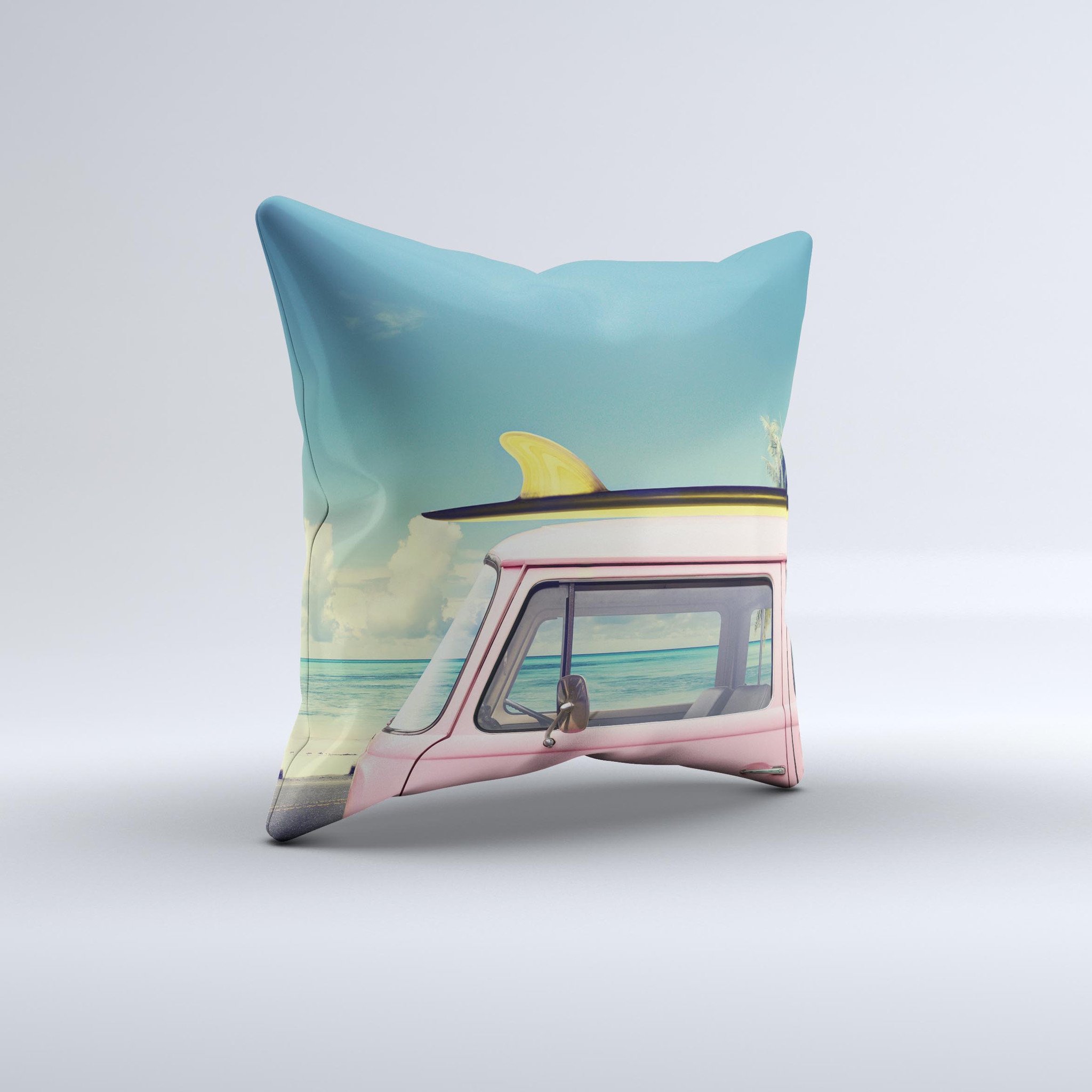 The Beach Trip ink-Fuzed Decorative Throw Pillow featuring a unique handcrafted design with high thread count fabric and vibrant colors.