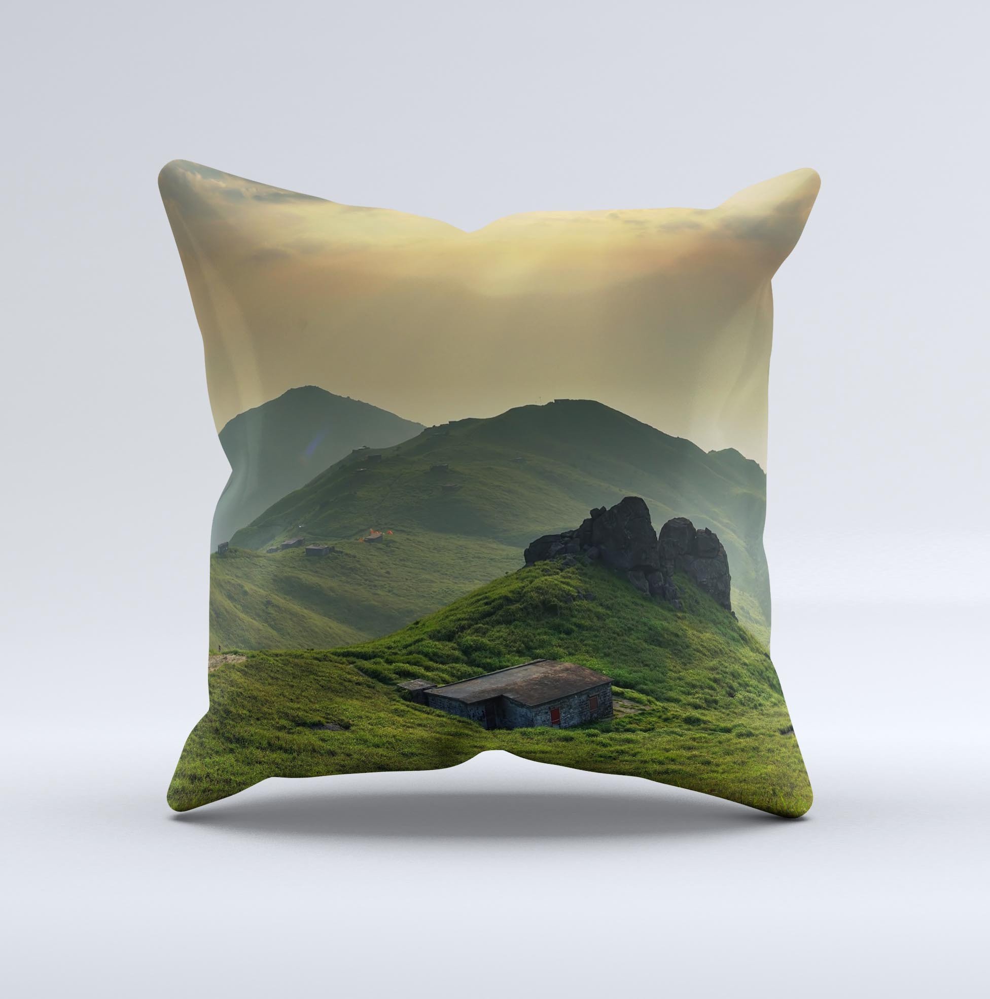 Beautiful Countryside ink-Fuzed Decorative Throw Pillow showcasing unique hand-produced graphics and high-quality fabric.