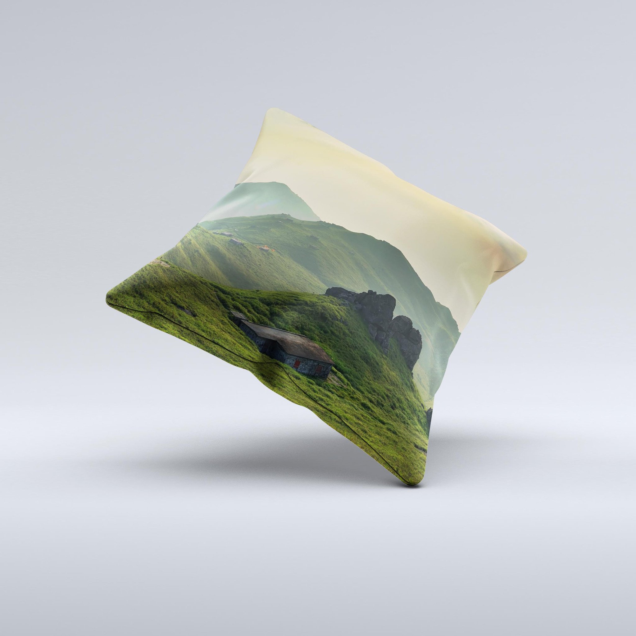 Beautiful Countryside ink-Fuzed Decorative Throw Pillow showcasing unique hand-produced graphics and high-quality fabric.