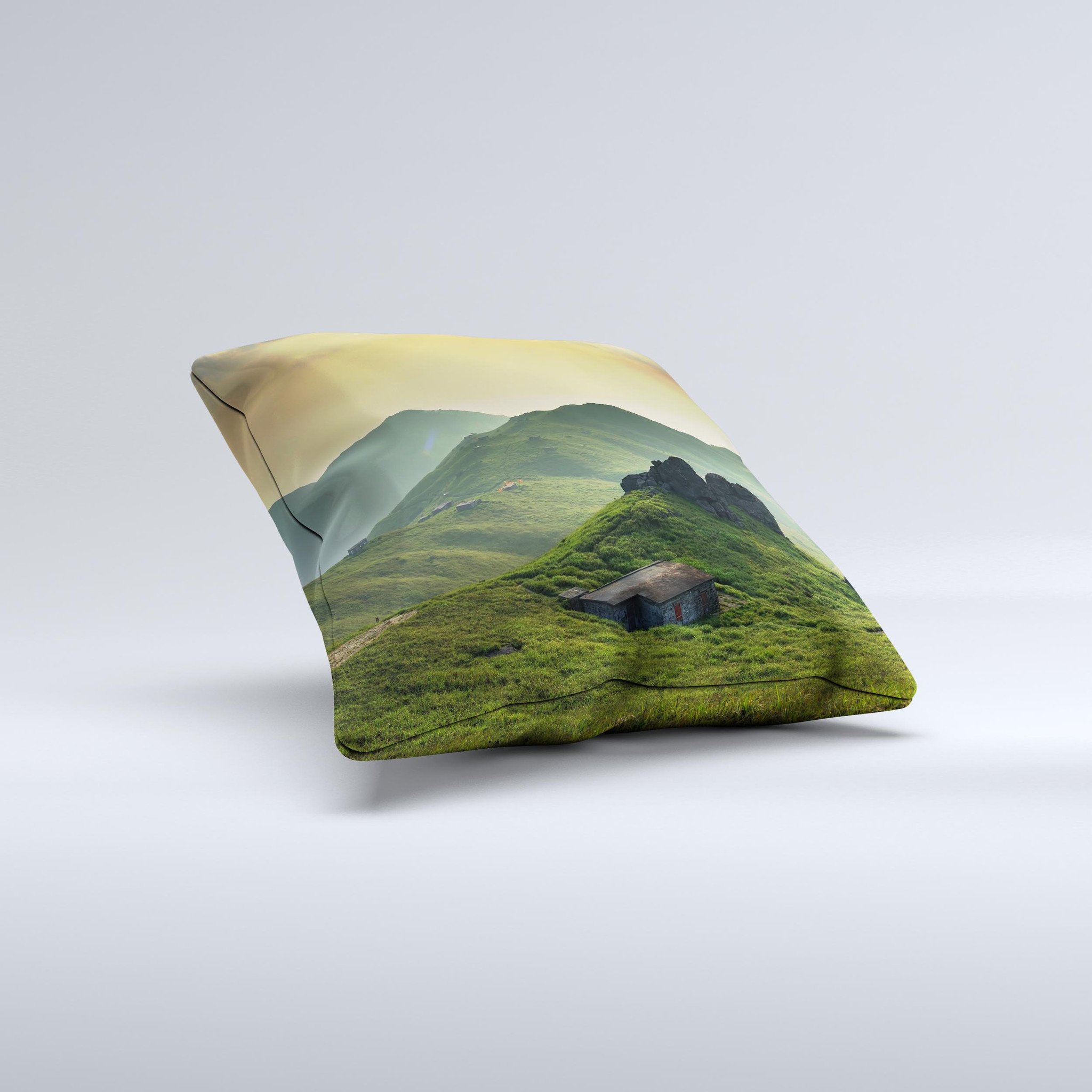 Beautiful Countryside ink-Fuzed Decorative Throw Pillow showcasing unique hand-produced graphics and high-quality fabric.