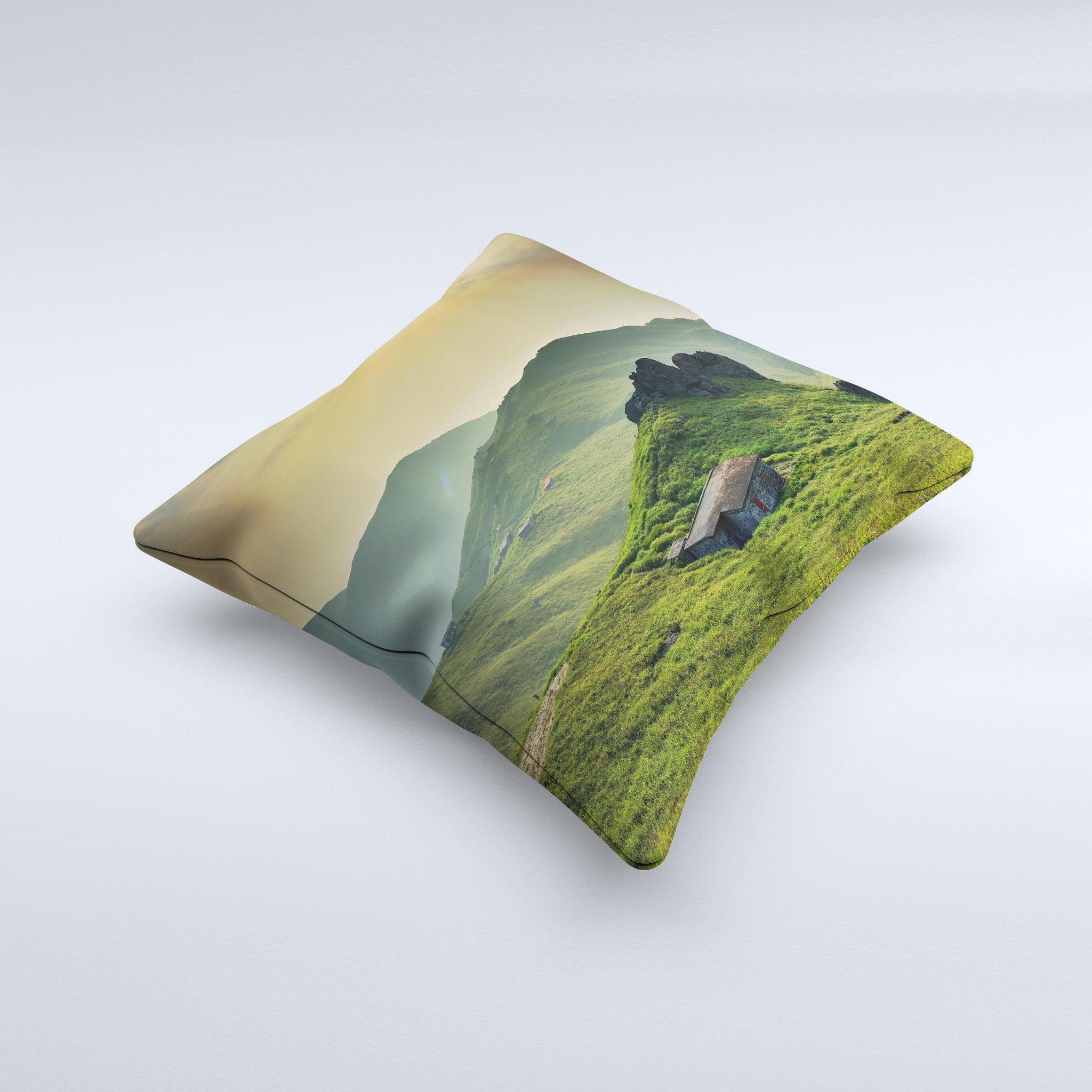 Beautiful Countryside ink-Fuzed Decorative Throw Pillow showcasing unique hand-produced graphics and high-quality fabric.