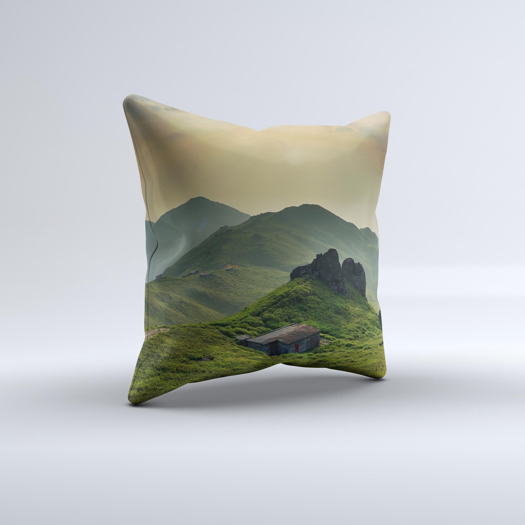 Beautiful Countryside ink-Fuzed Decorative Throw Pillow showcasing unique hand-produced graphics and high-quality fabric.