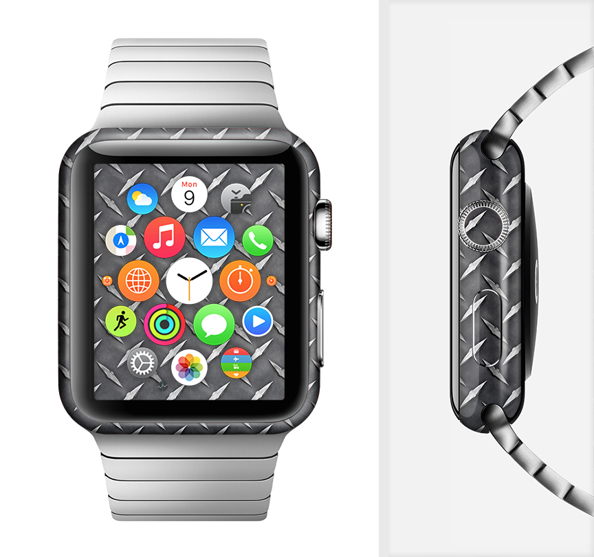 Black Diamond-Plate Full-Body Skin Kit for Apple Watch, showcasing a sleek design and premium vinyl material.