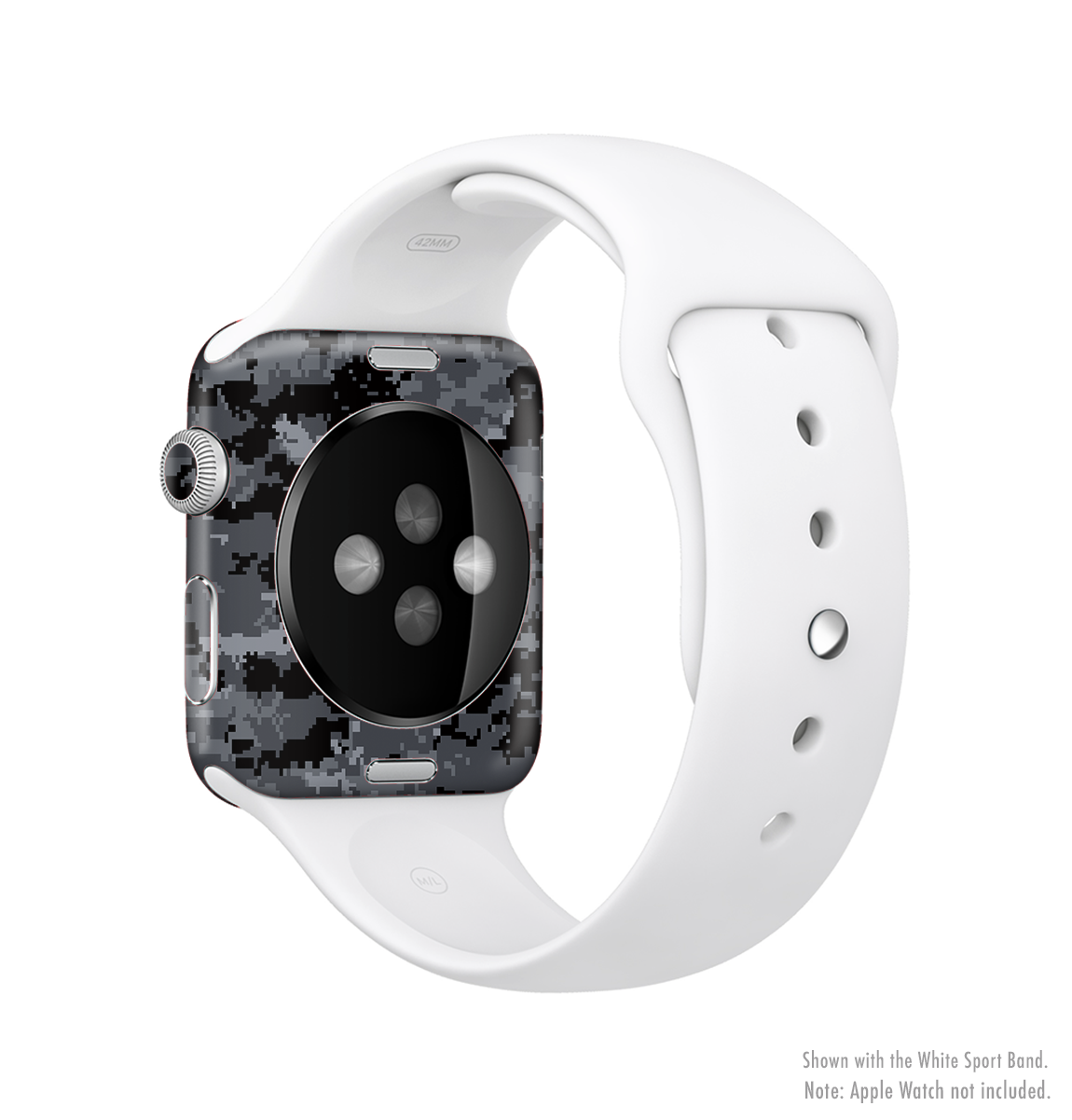 Black Digital Camouflage Full-Body Skin Kit for Apple Watch, showcasing its sleek design and premium vinyl material.