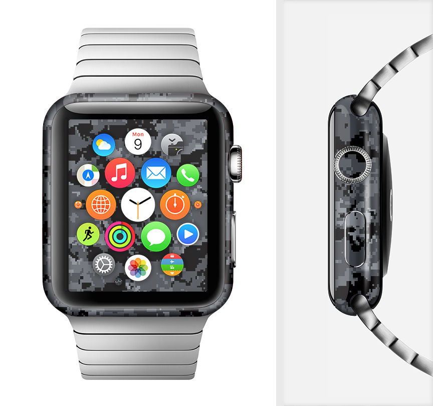 Black Digital Camouflage Full-Body Skin Kit for Apple Watch, showcasing its sleek design and premium vinyl material.