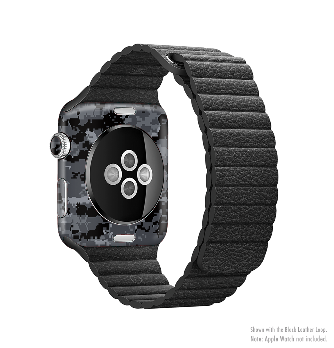 Black Digital Camouflage Full-Body Skin Kit for Apple Watch, showcasing its sleek design and premium vinyl material.