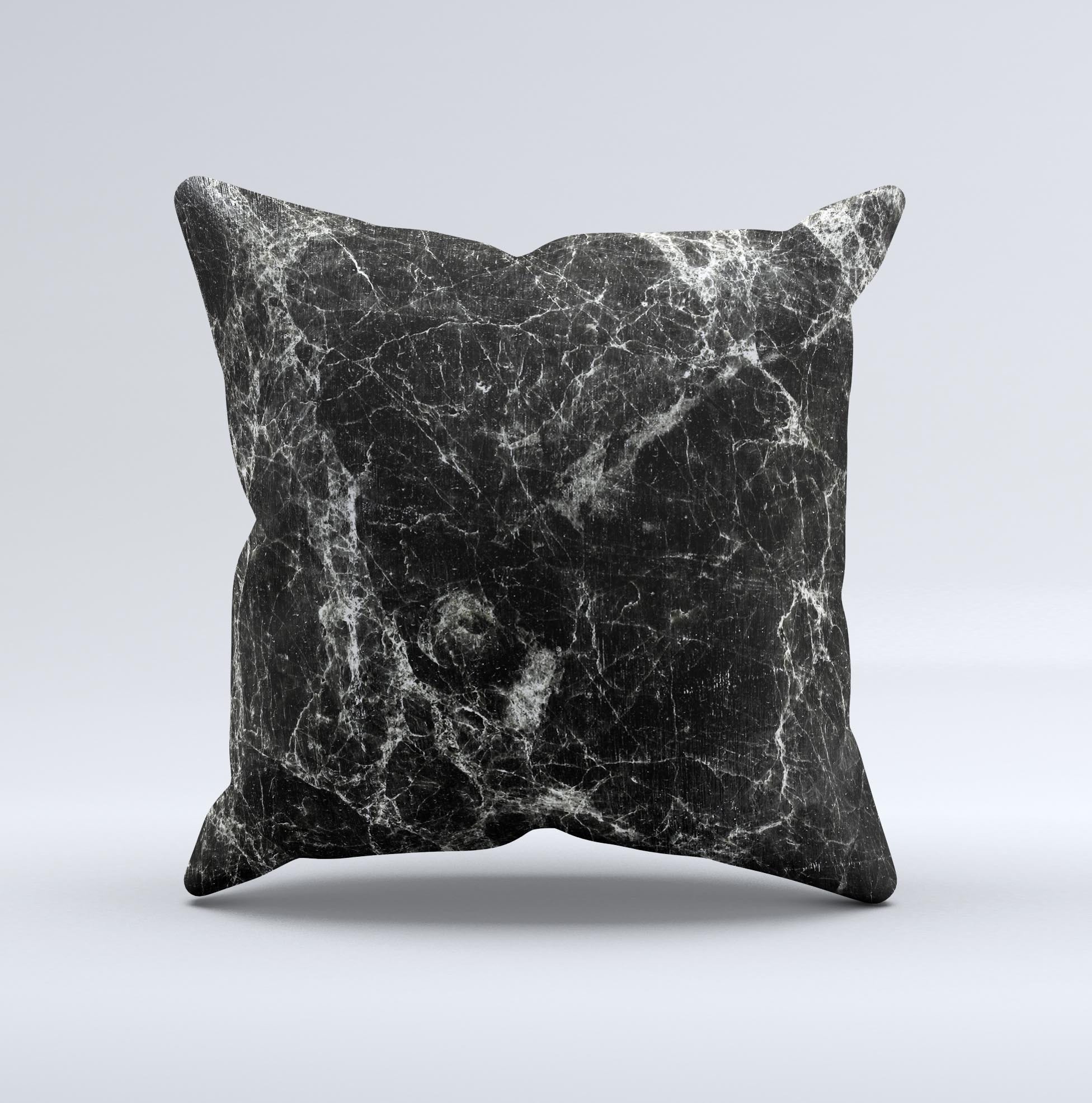 Black Scratched Marble ink-Fuzed Decorative Throw Pillow showcasing a unique design with high thread count fabric and plush filling.