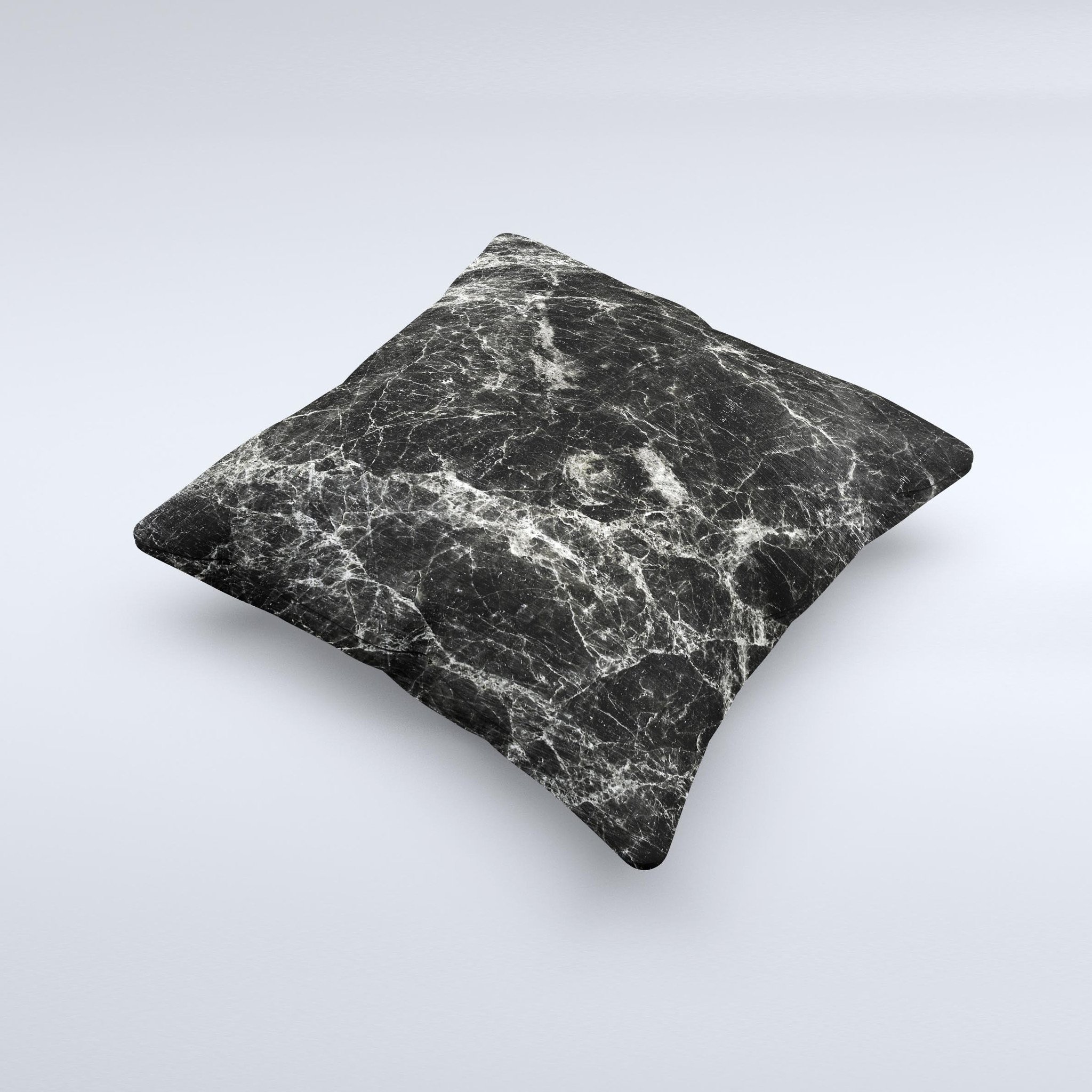 Black Scratched Marble ink-Fuzed Decorative Throw Pillow showcasing a unique design with high thread count fabric and plush filling.