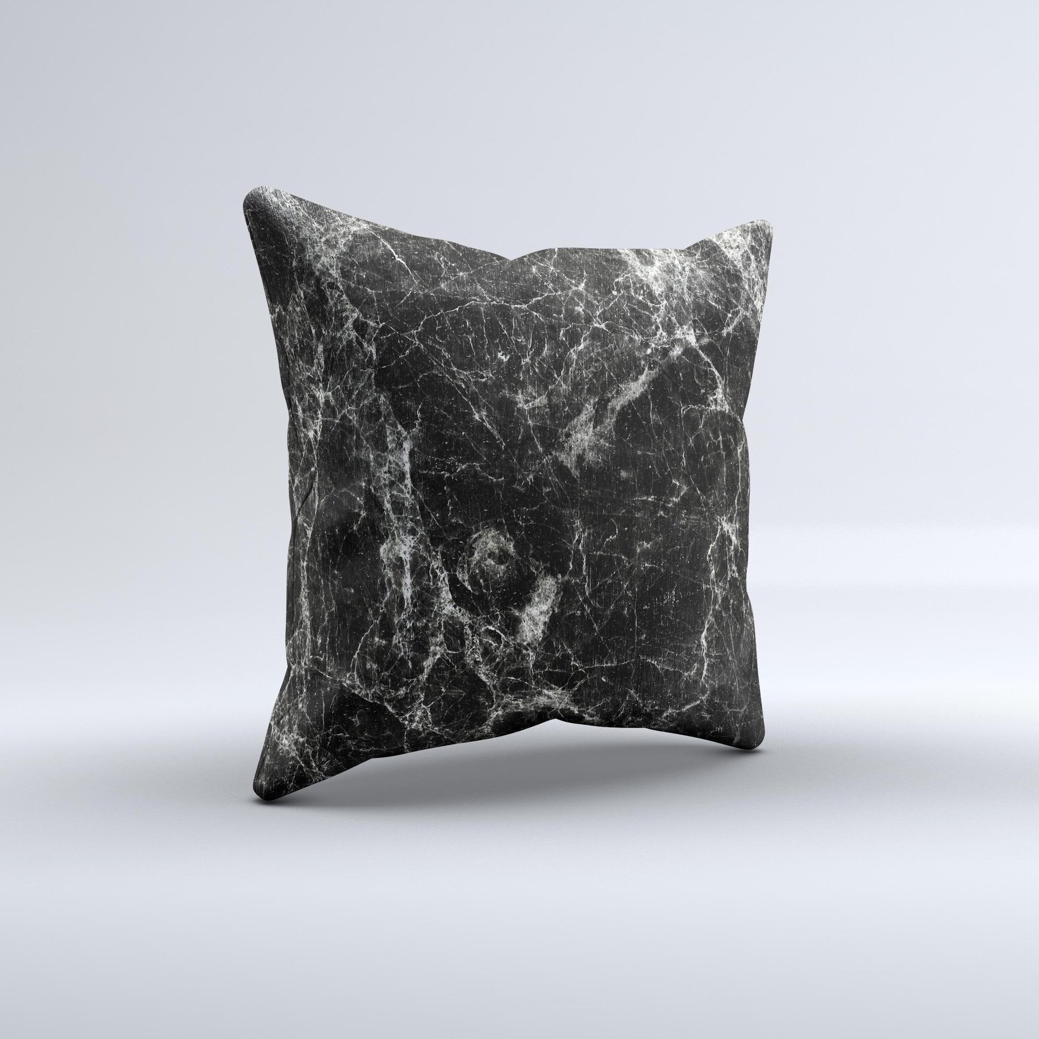 Black Scratched Marble ink-Fuzed Decorative Throw Pillow showcasing a unique design with high thread count fabric and plush filling.