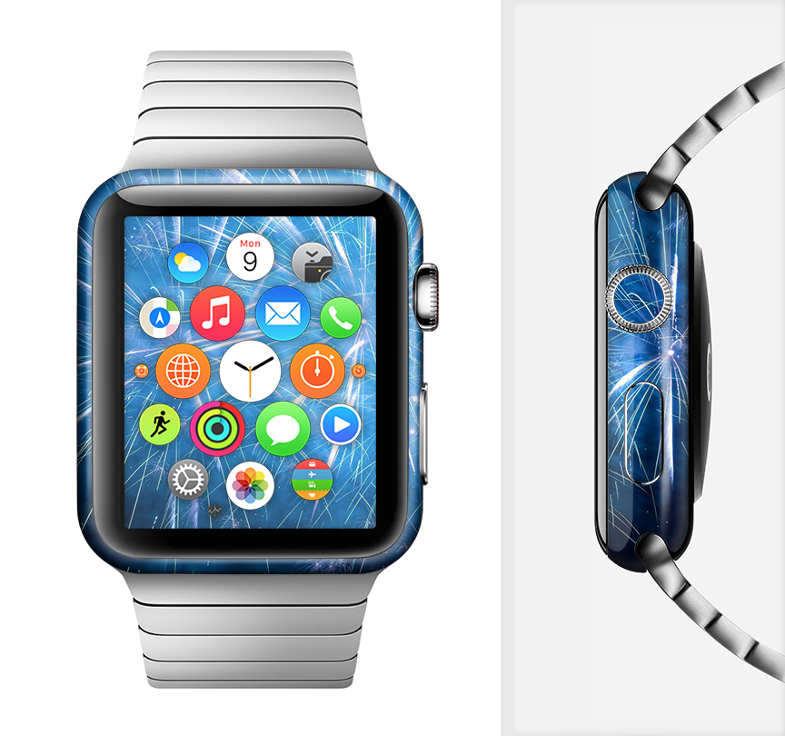 Blue Fireworks Full-Body Skin Kit for Apple Watch, showcasing vibrant colors and sleek design.