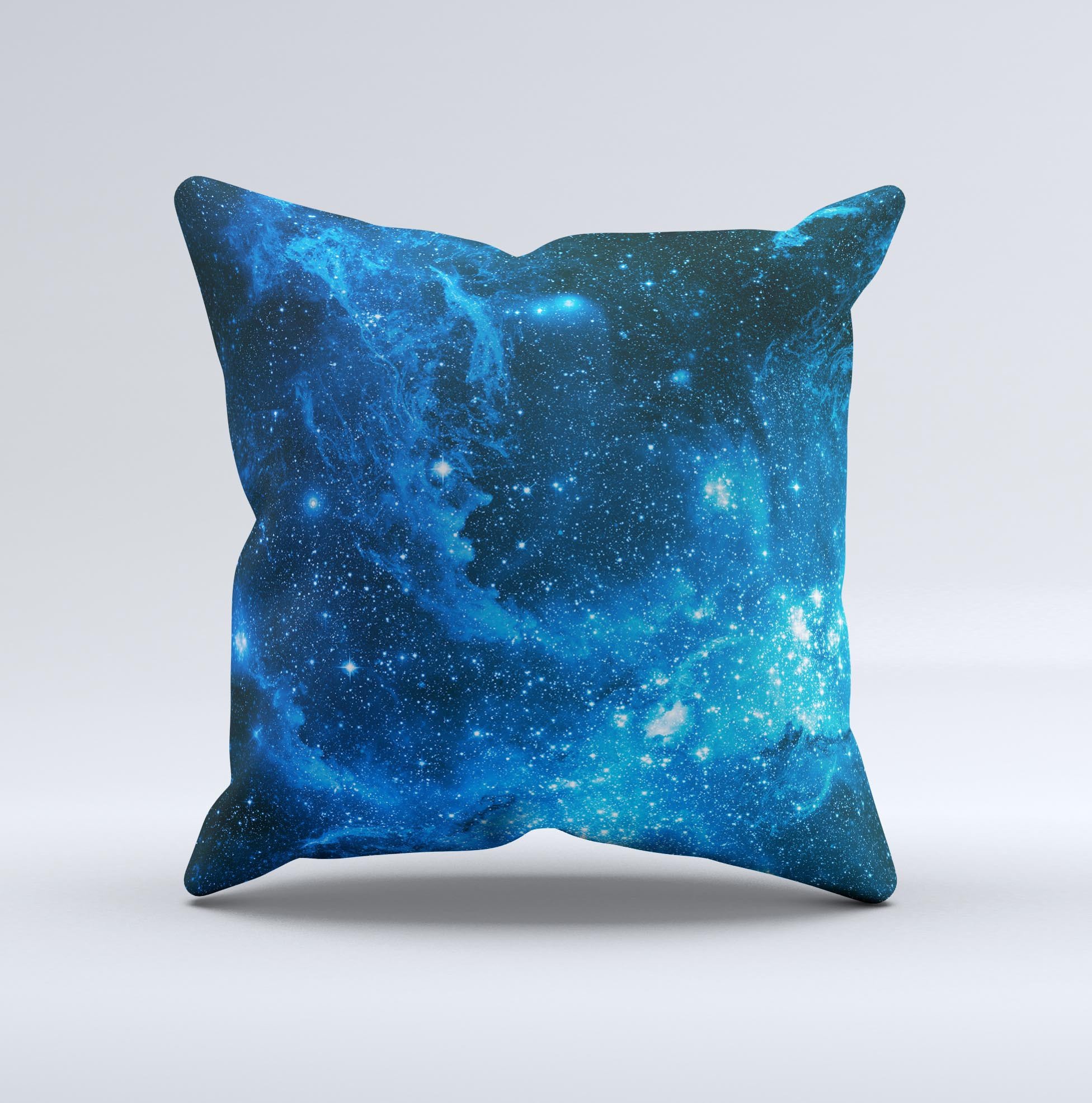 Handcrafted Blue Hue Nebula ink-Fuzed Decorative Throw Pillow with high thread count fabric and unique design.