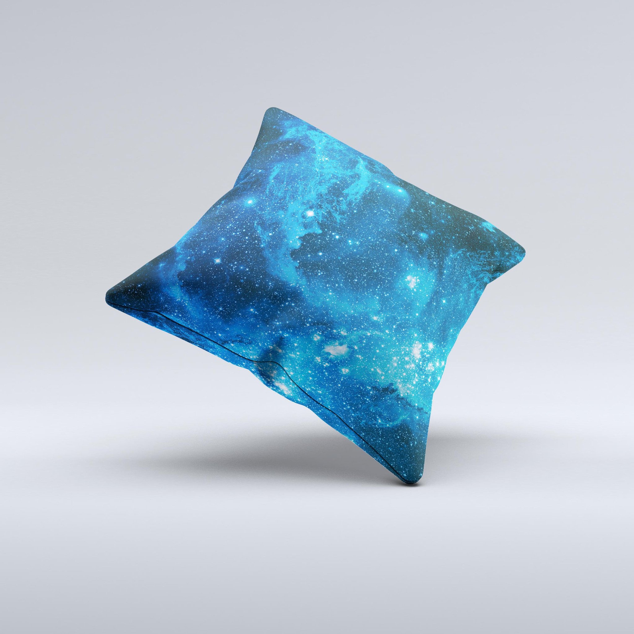 Handcrafted Blue Hue Nebula ink-Fuzed Decorative Throw Pillow with high thread count fabric and unique design.