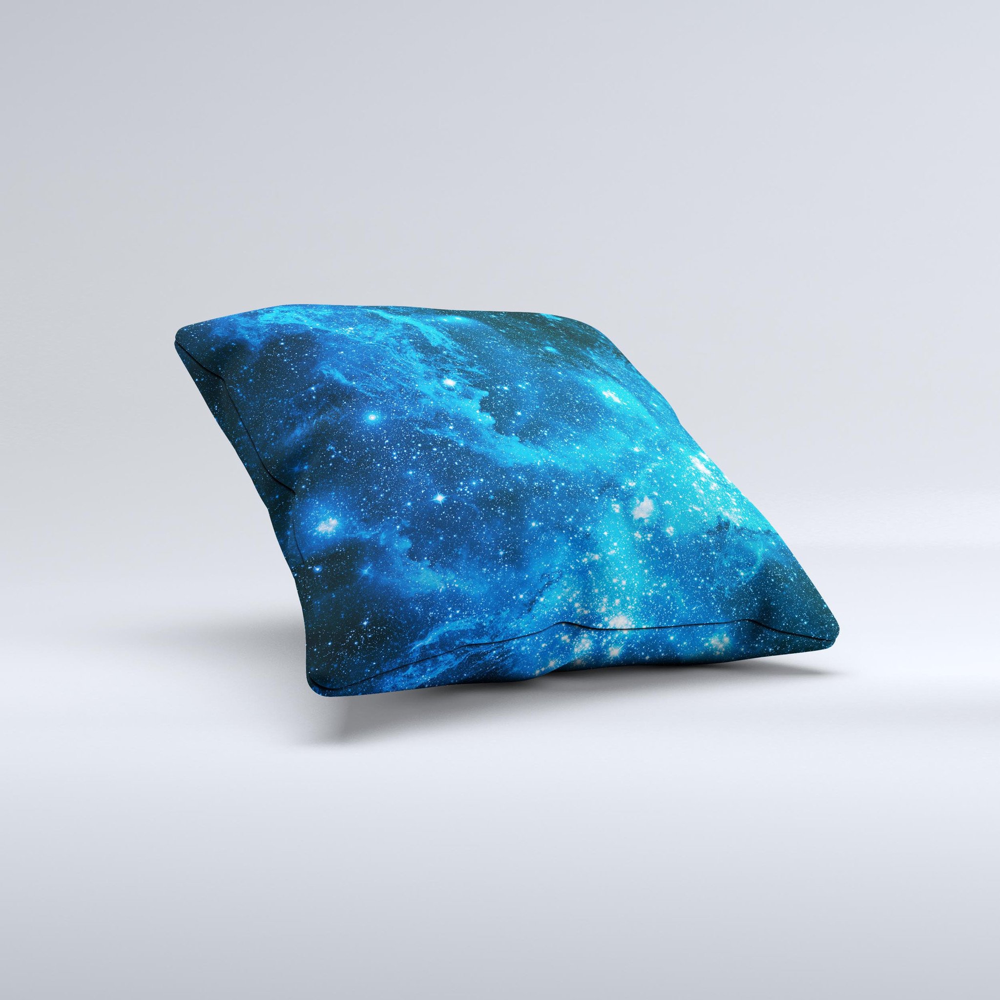 Handcrafted Blue Hue Nebula ink-Fuzed Decorative Throw Pillow with high thread count fabric and unique design.