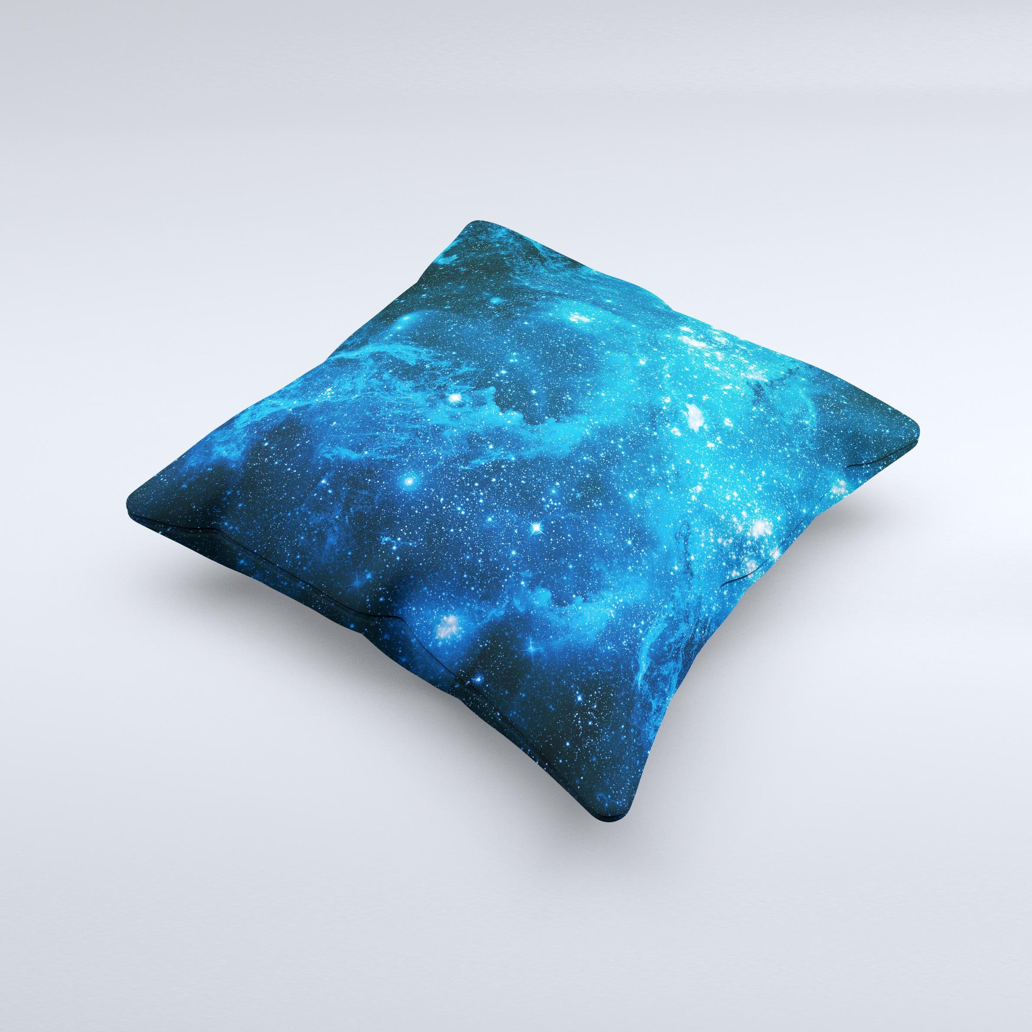 Handcrafted Blue Hue Nebula ink-Fuzed Decorative Throw Pillow with high thread count fabric and unique design.