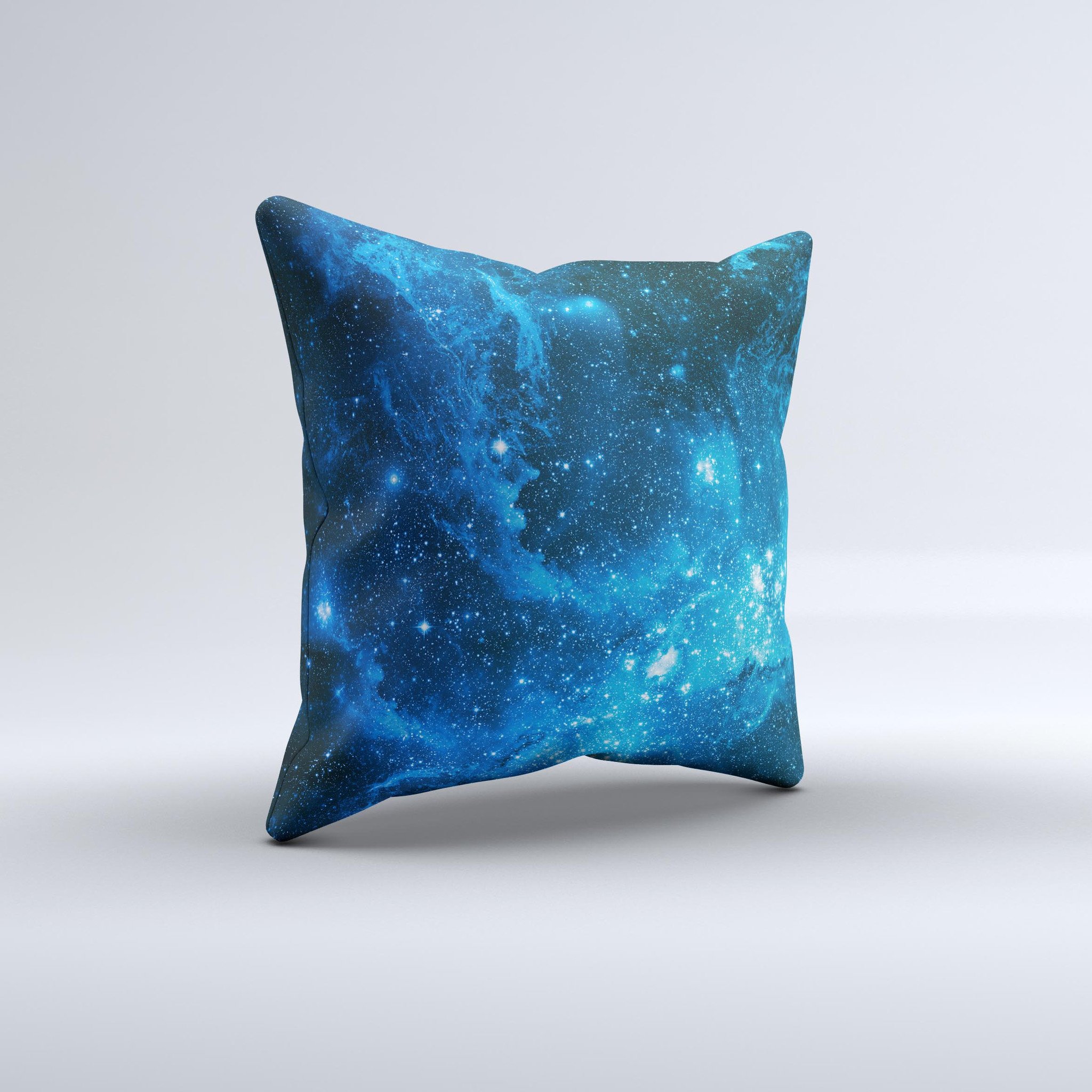 Handcrafted Blue Hue Nebula ink-Fuzed Decorative Throw Pillow with high thread count fabric and unique design.