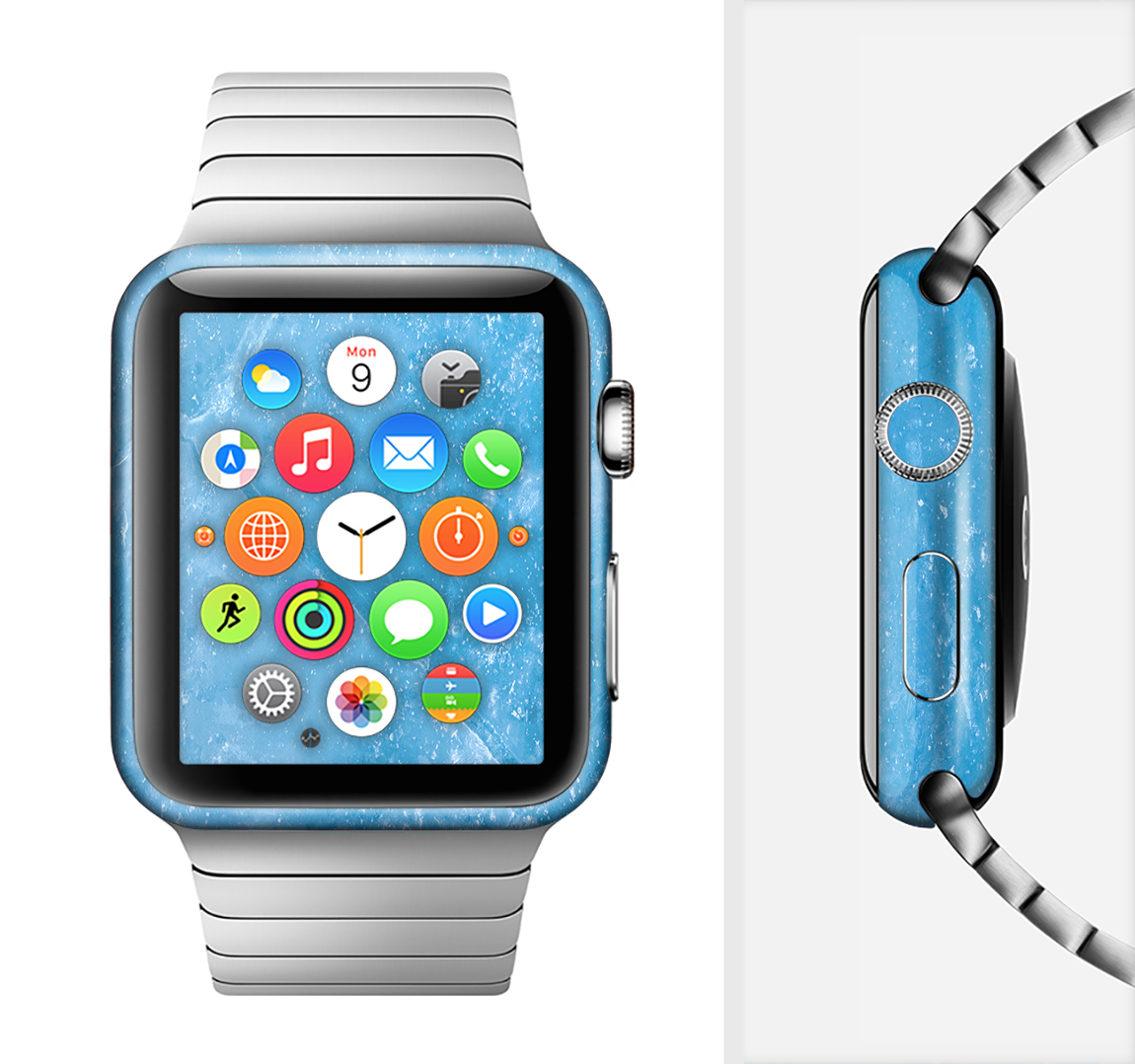 The Blue Ice Surface Full-Body Skin Kit for Apple Watch, showcasing its sleek design and premium vinyl material.