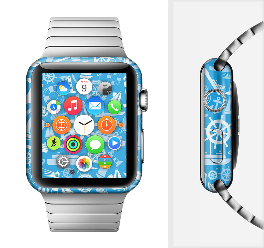 The Blue Nautical Collage Full-Body Skin Kit for Apple Watch featuring a stylish nautical design, showcasing vibrant blue colors and a wrap-around fit.