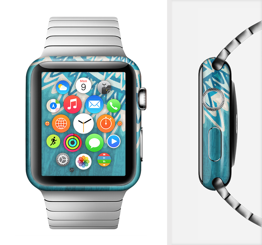 The Blue Spiked Orb Pattern V3 Full-Body Skin Kit for Apple Watch, showcasing a vibrant blue design with spikes, perfectly fitted on a watch.