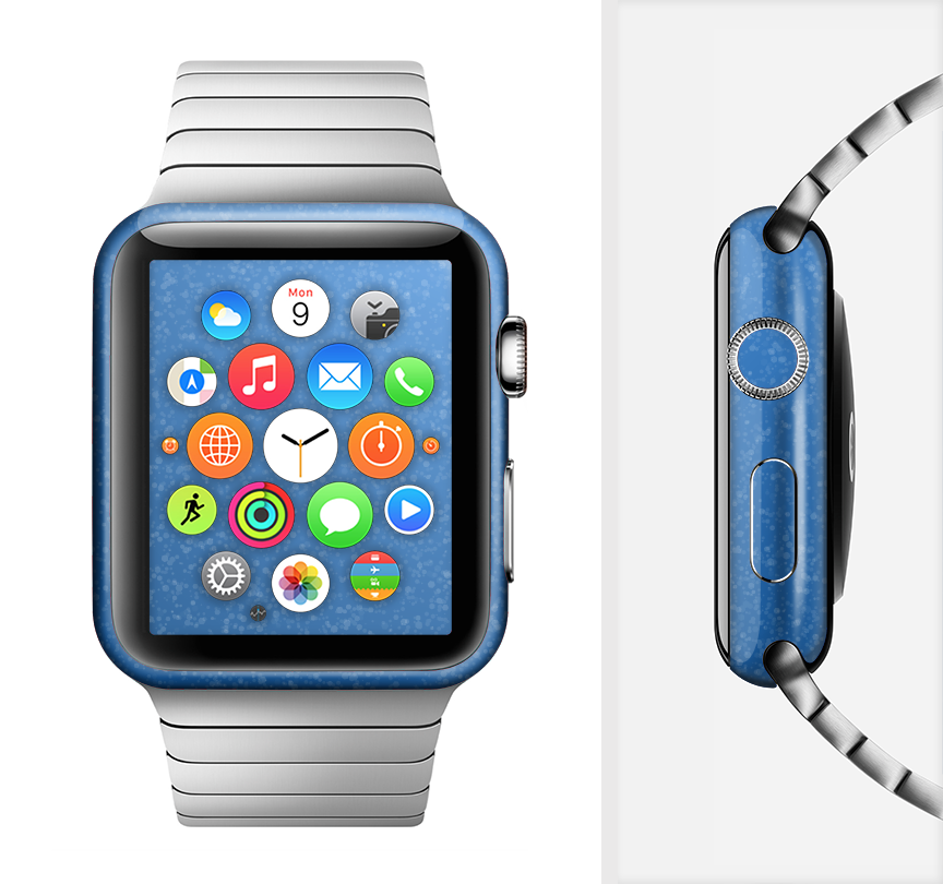 The Blue Subtle Speckles Full-Body Skin Kit for Apple Watch, showcasing a stylish blue speckled design that fits perfectly on the device.