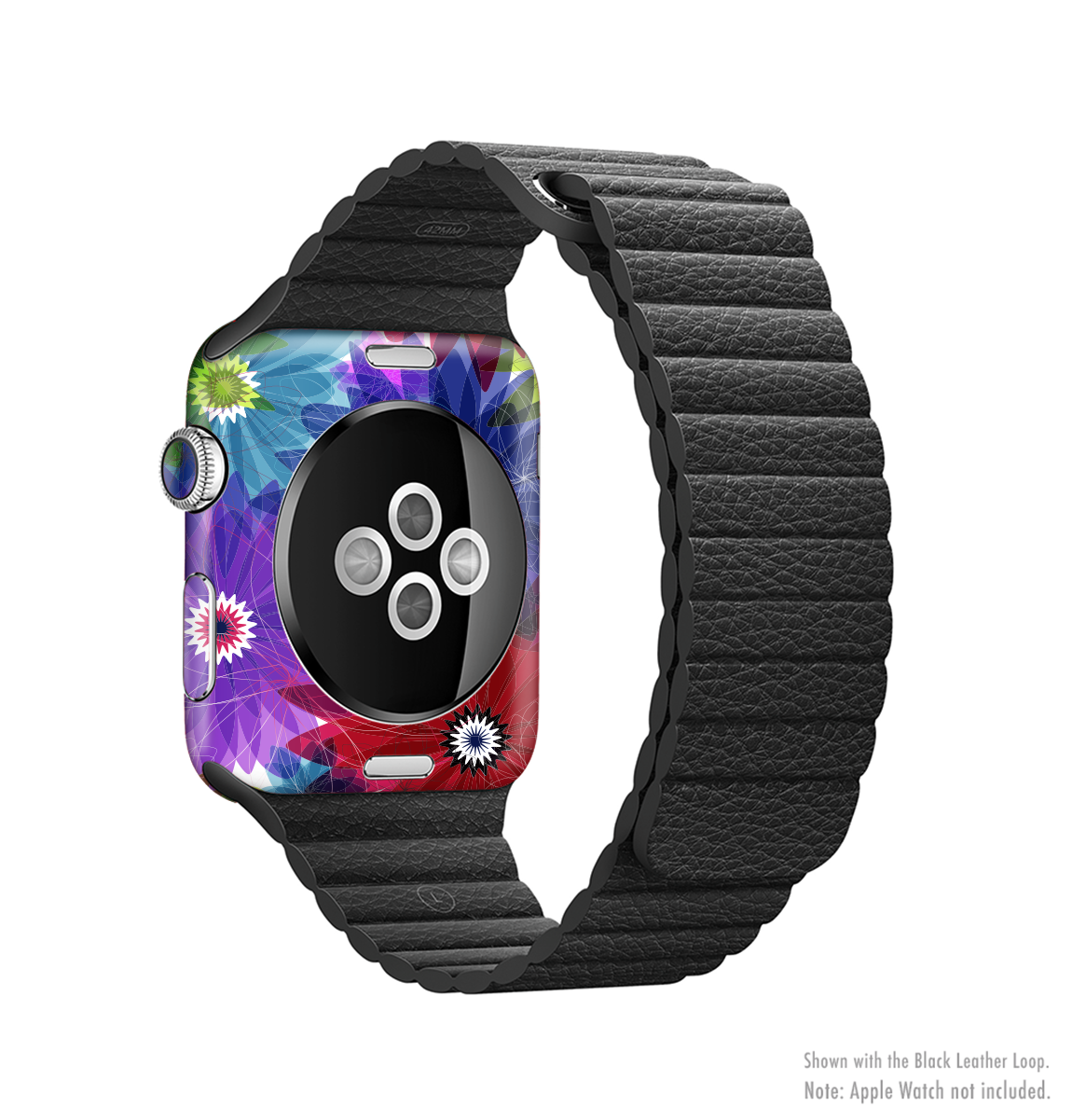 Boldly Colored Flowers Full-Body Skin Kit for Apple Watch, showcasing vibrant floral patterns on a sleek vinyl surface.