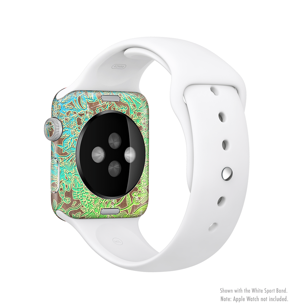 Bright Green Floral Laced Full-Body Skin Kit for Apple Watch, showcasing vibrant floral patterns and premium vinyl material.