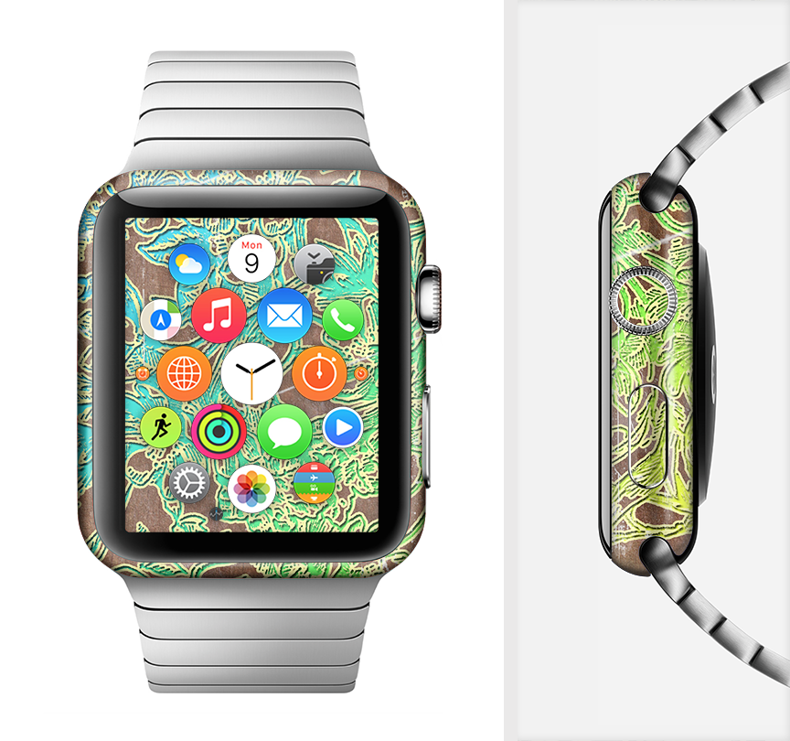 Bright Green Floral Laced Full-Body Skin Kit for Apple Watch, showcasing vibrant floral patterns and premium vinyl material.