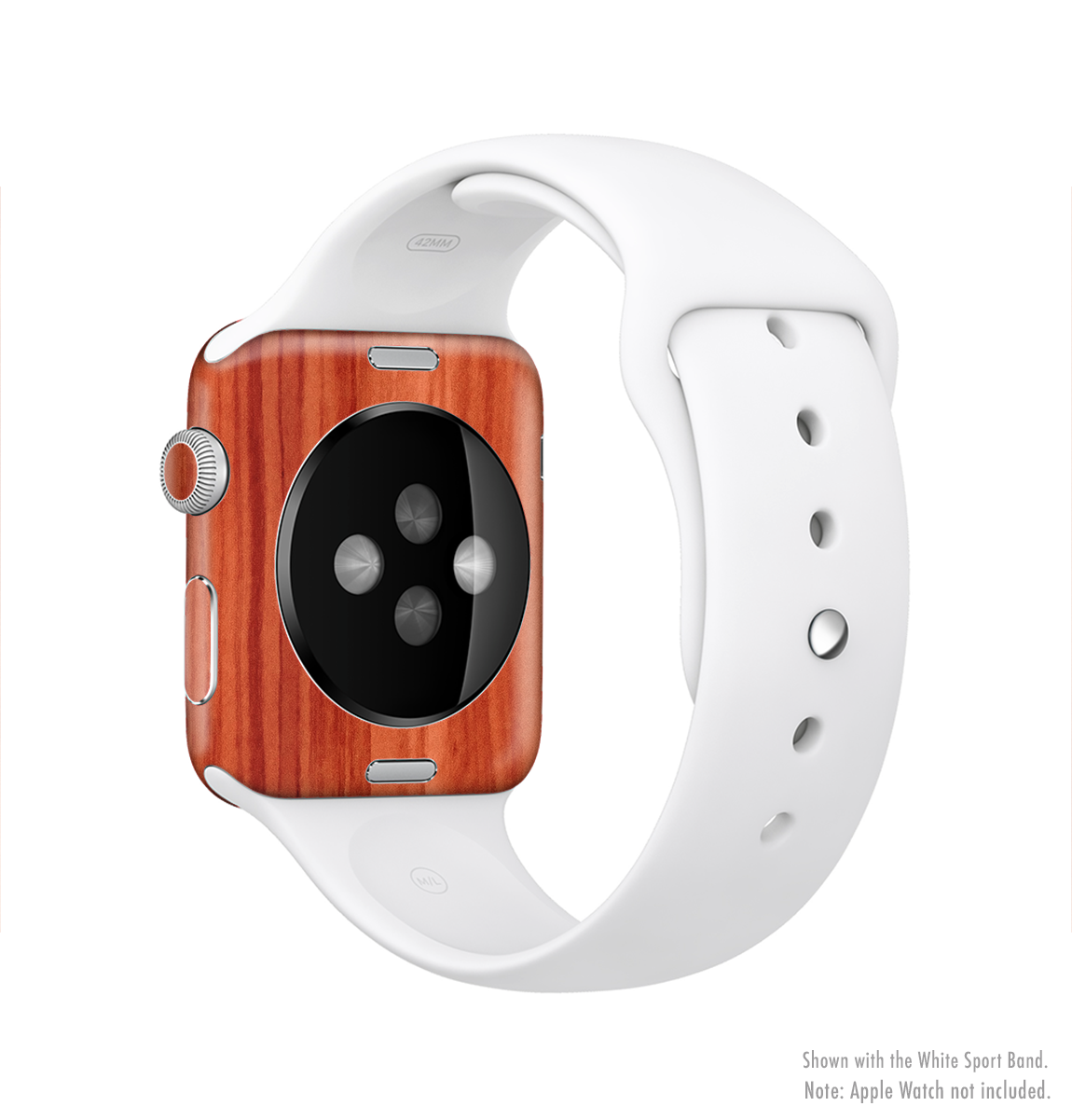 Bright red stained wood skin kit for Apple Watch, showcasing a sleek design and premium vinyl material.