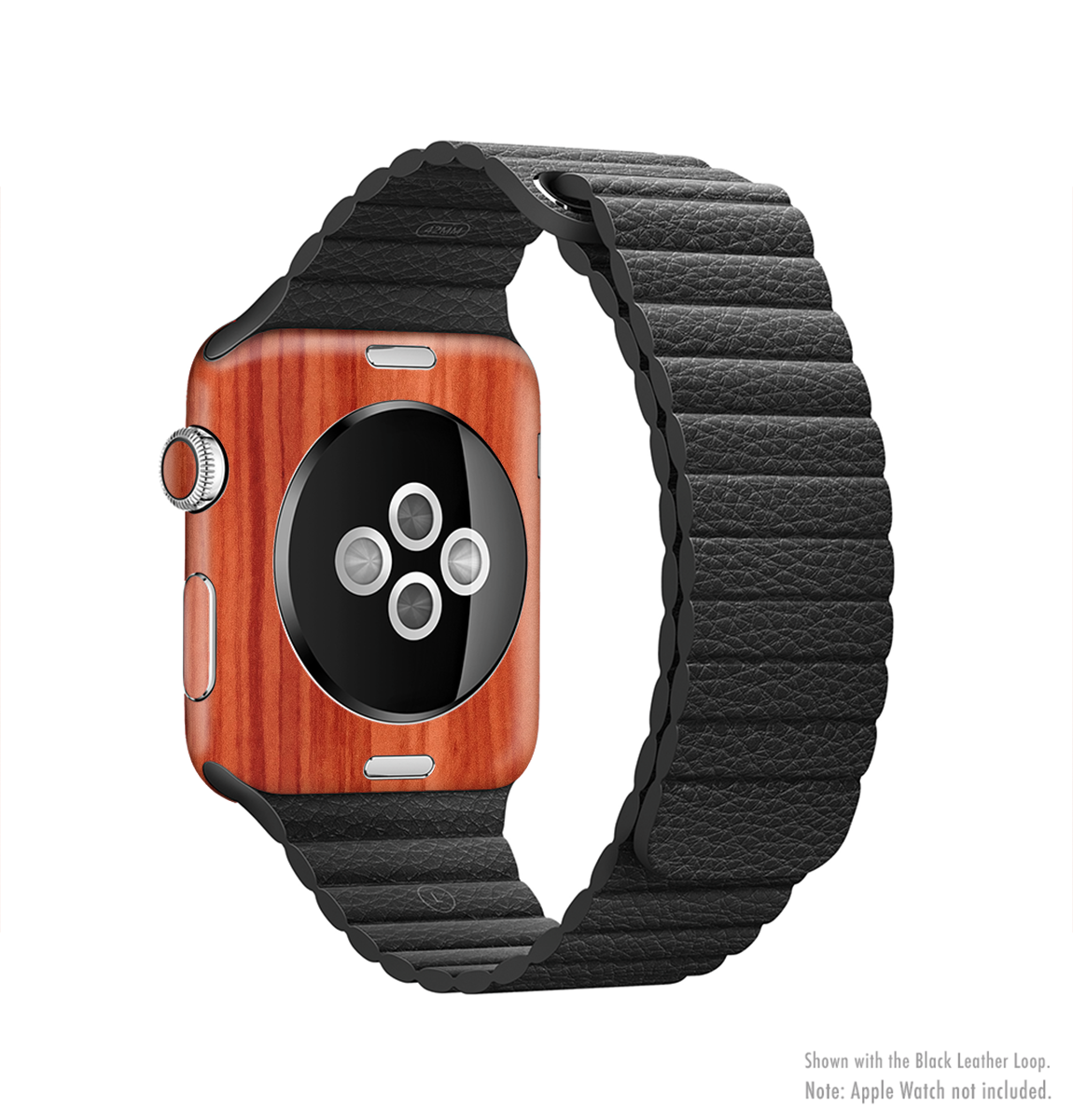 Bright red stained wood skin kit for Apple Watch, showcasing a sleek design and premium vinyl material.