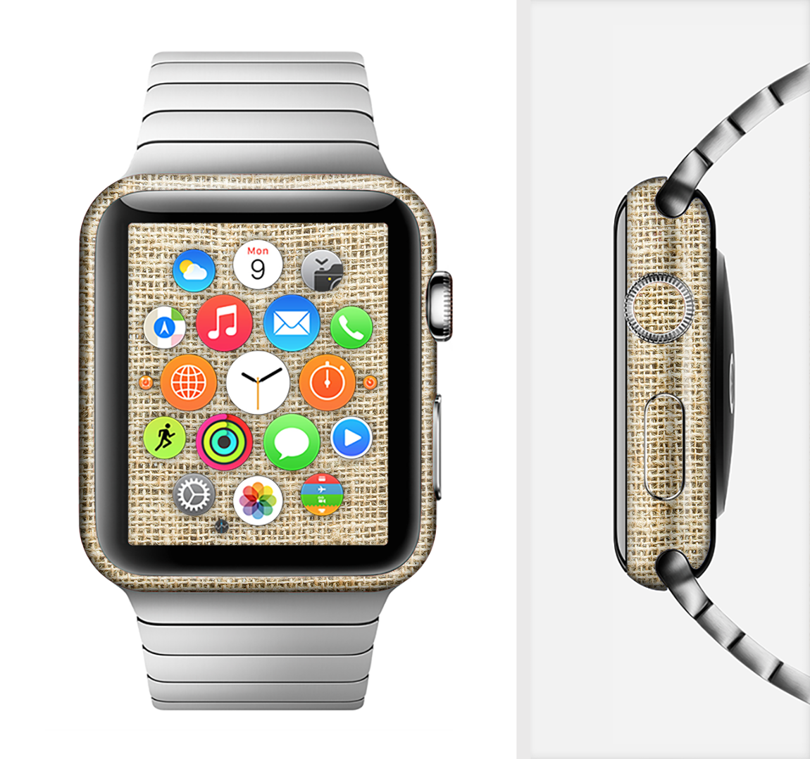 Burlap texture full-body skin kit for Apple Watch, showcasing its stylish design and premium vinyl material.