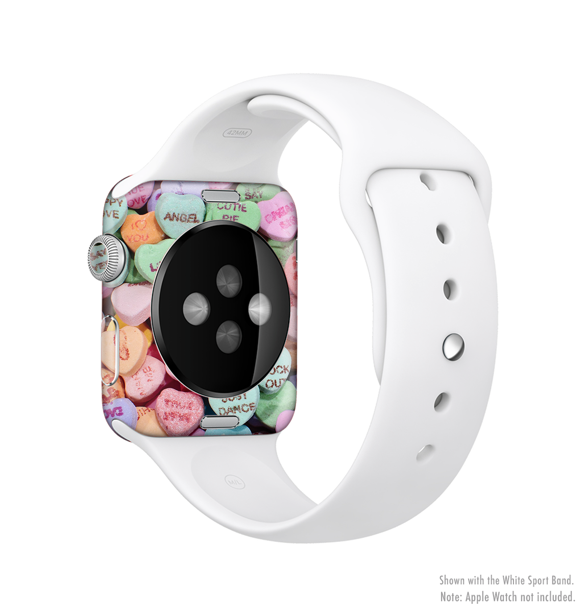 Candy Worded Hearts Full-Body Skin Kit for Apple Watch, showcasing vibrant colors and unique design.