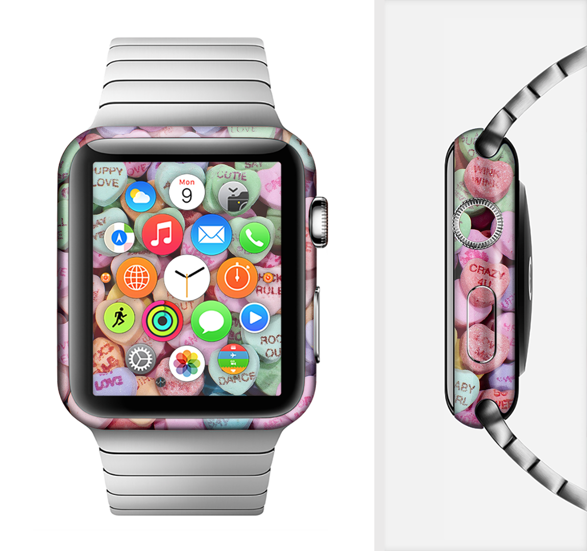 Candy Worded Hearts Full-Body Skin Kit for Apple Watch, showcasing vibrant colors and unique design.