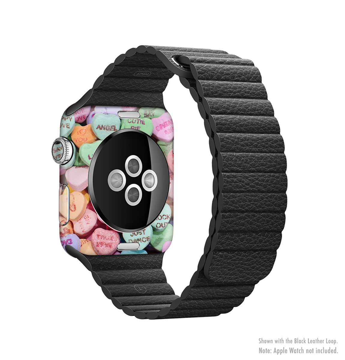 Candy Worded Hearts Full-Body Skin Kit for Apple Watch, showcasing vibrant colors and unique design.