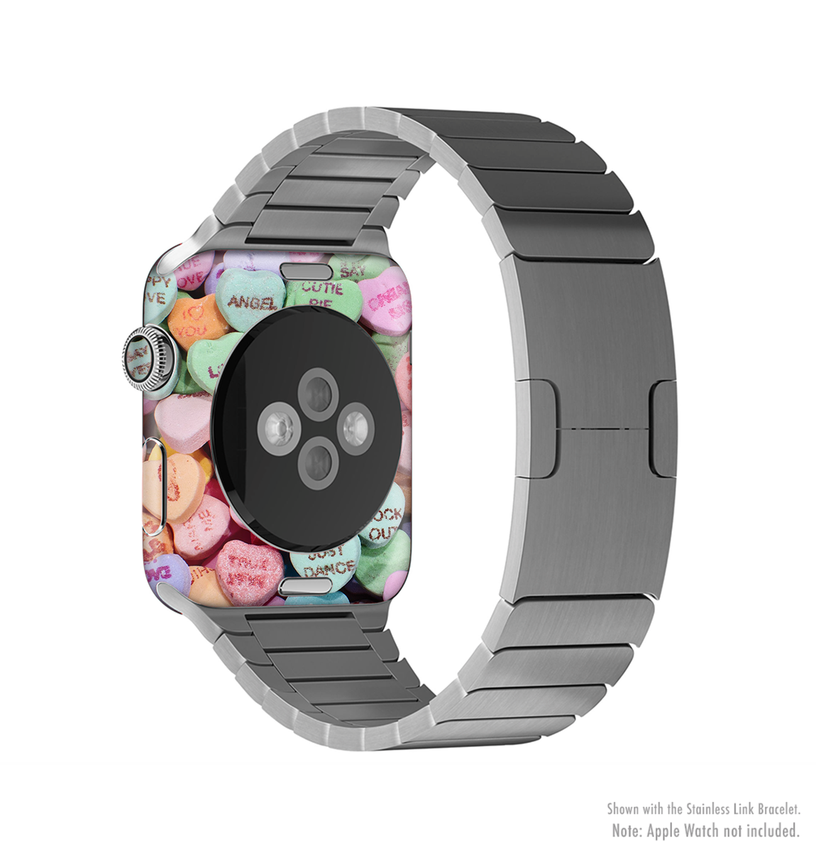 Candy Worded Hearts Full-Body Skin Kit for Apple Watch, showcasing vibrant colors and unique design.