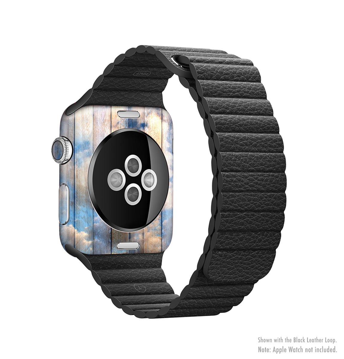 The Cloudy Wood Planks Full-Body Skin Kit for Apple Watch showcasing a stylish wood grain design.