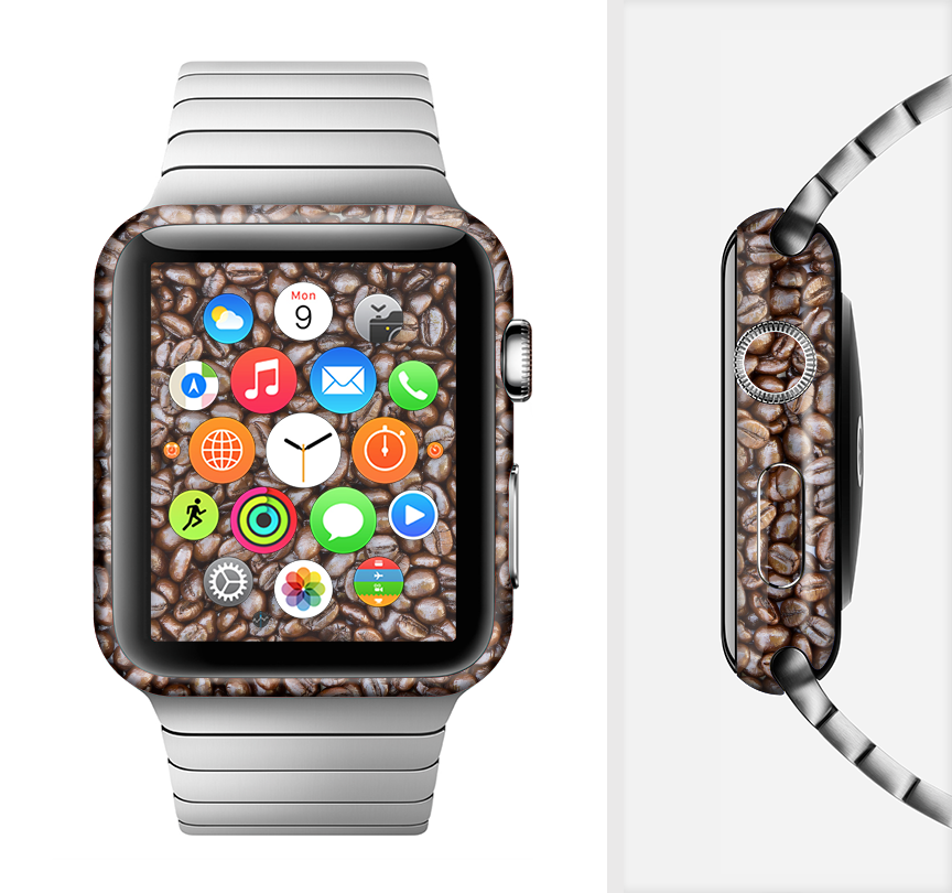 The Coffee Beans Full-Body Skin Kit for Apple Watch showcasing a stylish design with premium vinyl material.