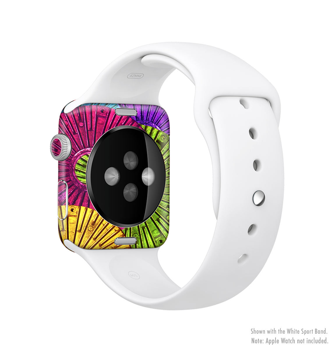 Colorful Segmented Wheels Full-Body Skin Kit for Apple Watch, showcasing vibrant colors and a sleek design.