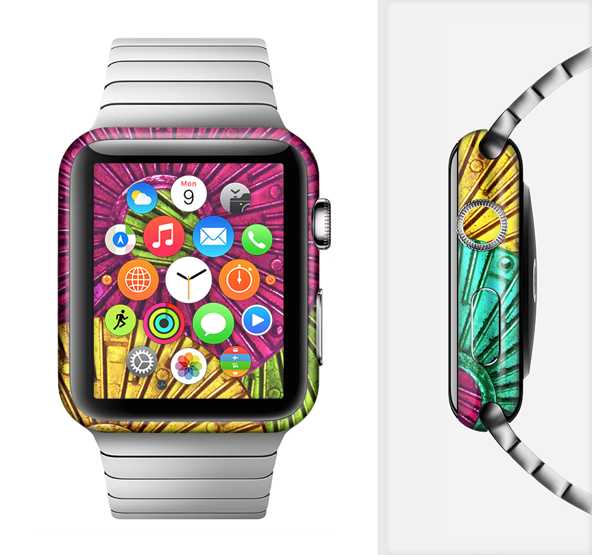 Colorful Segmented Wheels Full-Body Skin Kit for Apple Watch, showcasing vibrant colors and a sleek design.