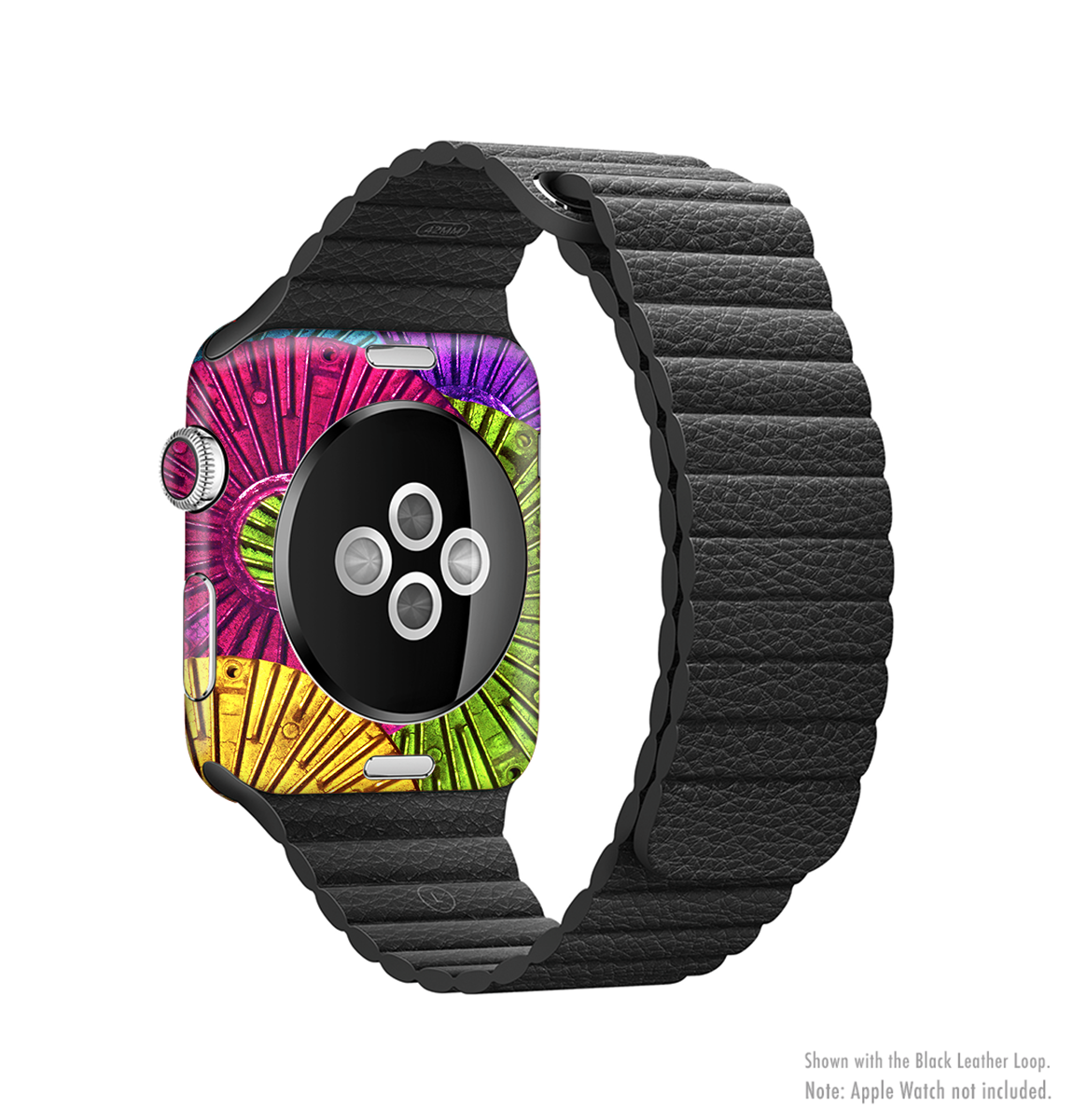 Colorful Segmented Wheels Full-Body Skin Kit for Apple Watch, showcasing vibrant colors and a sleek design.