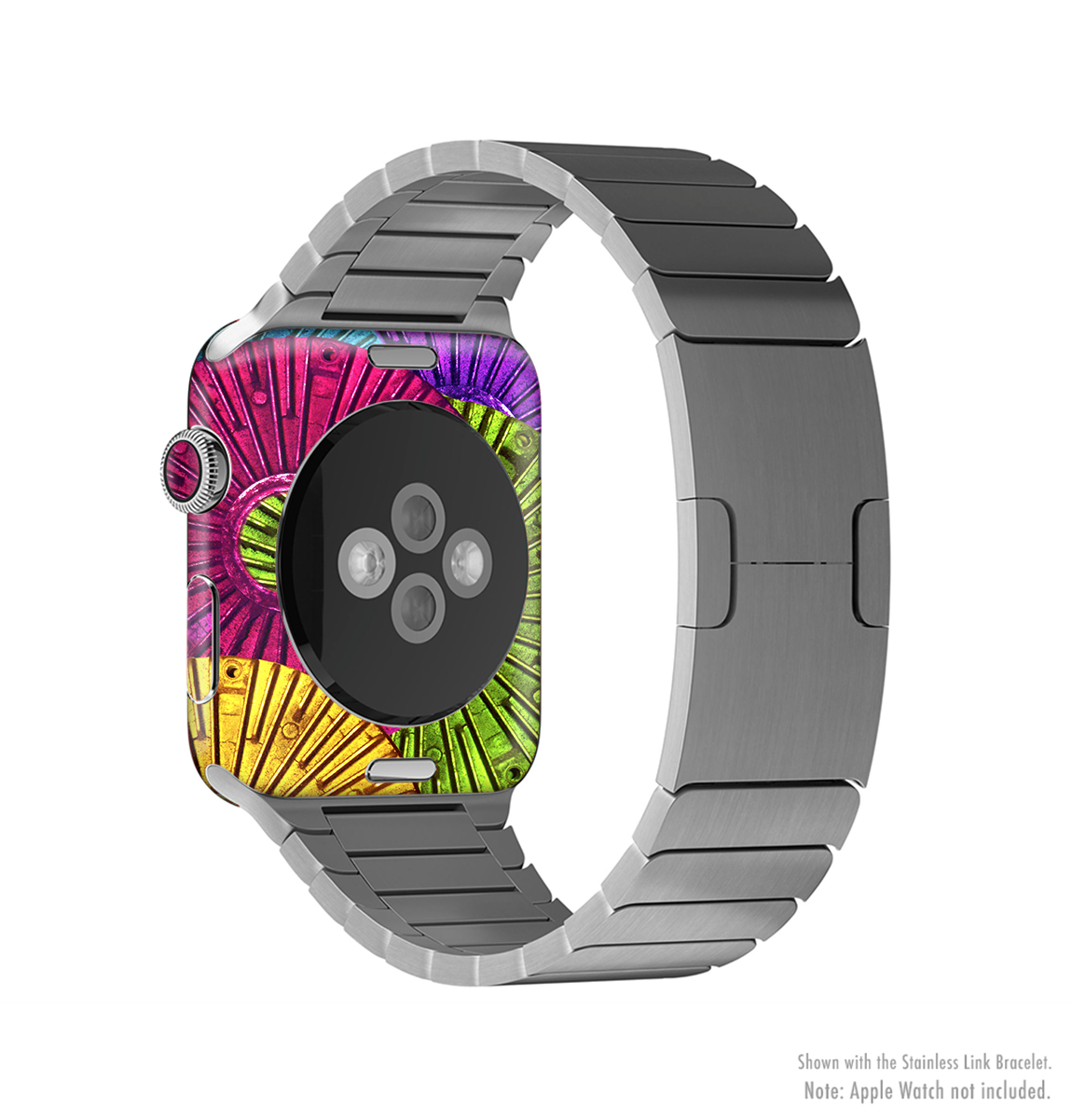 Colorful Segmented Wheels Full-Body Skin Kit for Apple Watch, showcasing vibrant colors and a sleek design.