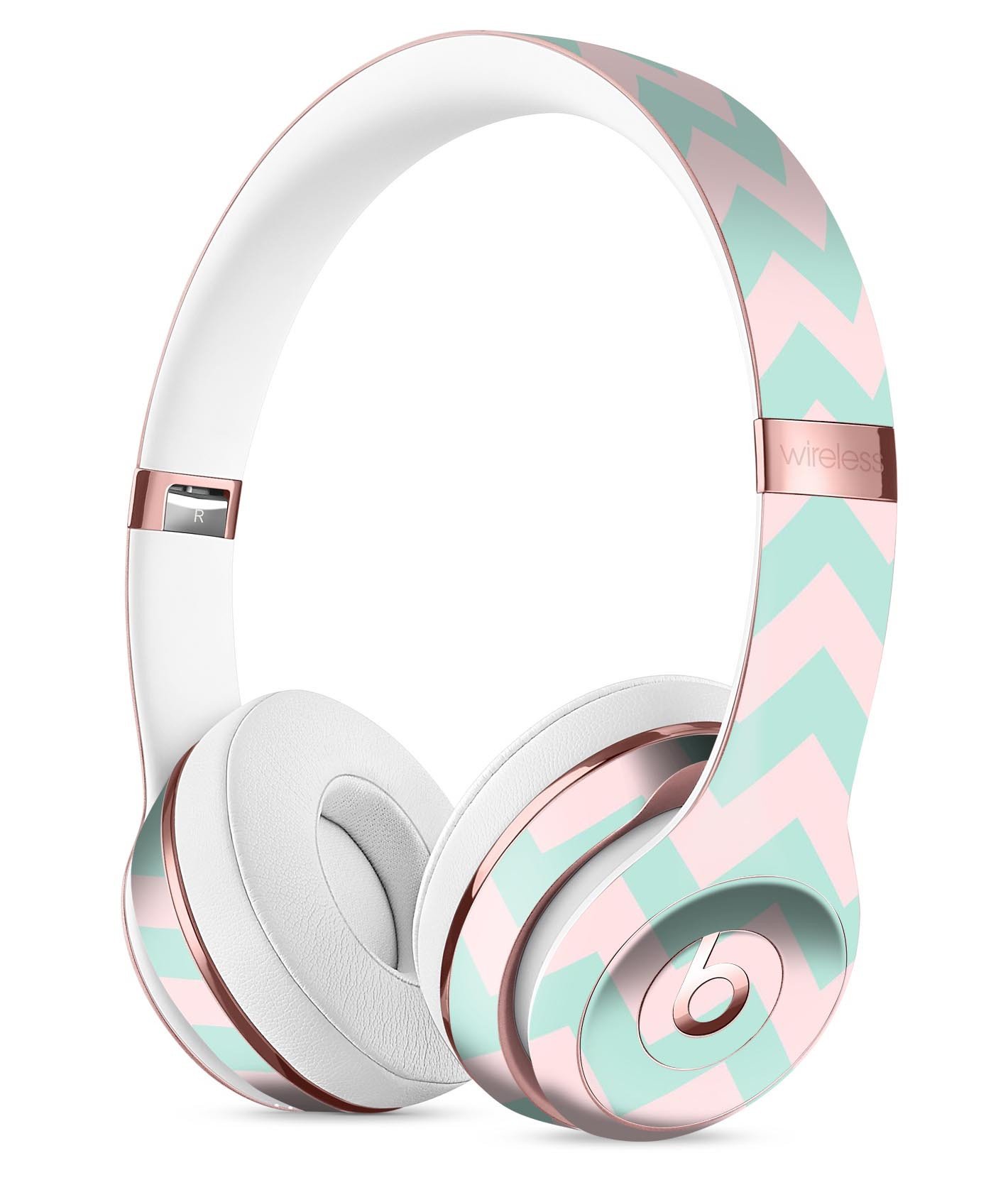 Coral and mint chevron pattern skin kit for Beats by Dre Solo 3 Wireless Headphones, showcasing vibrant colors and stylish design.