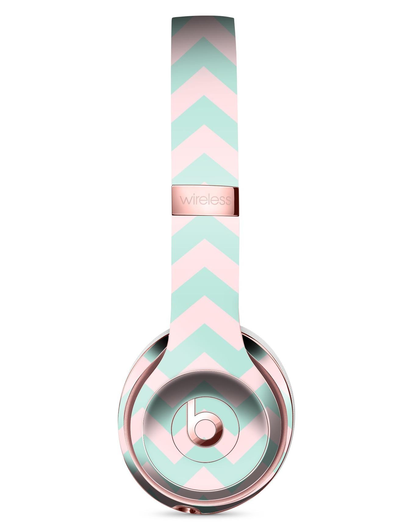 Coral and mint chevron pattern skin kit for Beats by Dre Solo 3 Wireless Headphones, showcasing vibrant colors and stylish design.