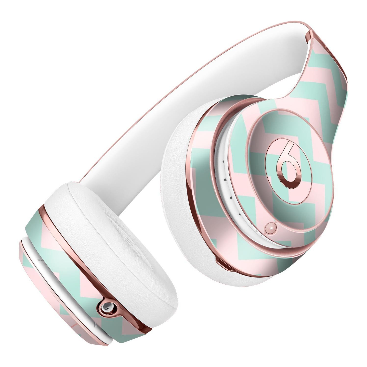 Coral and mint chevron pattern skin kit for Beats by Dre Solo 3 Wireless Headphones, showcasing vibrant colors and stylish design.