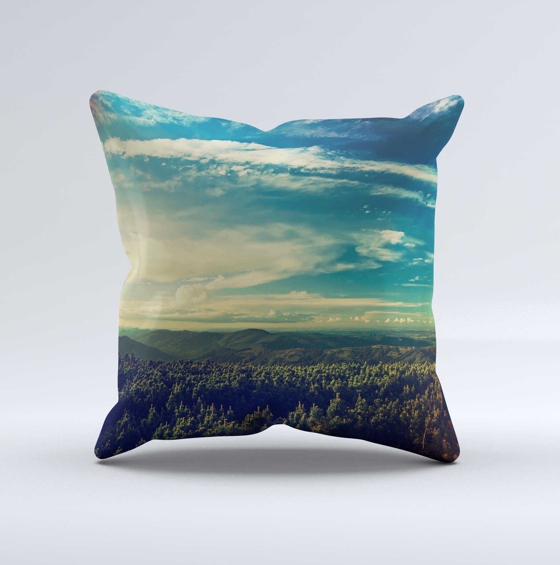 A handcrafted decorative throw pillow featuring a unique Country Skyline design, made from high-quality poly/cotton fabric with a soft polyester filling.