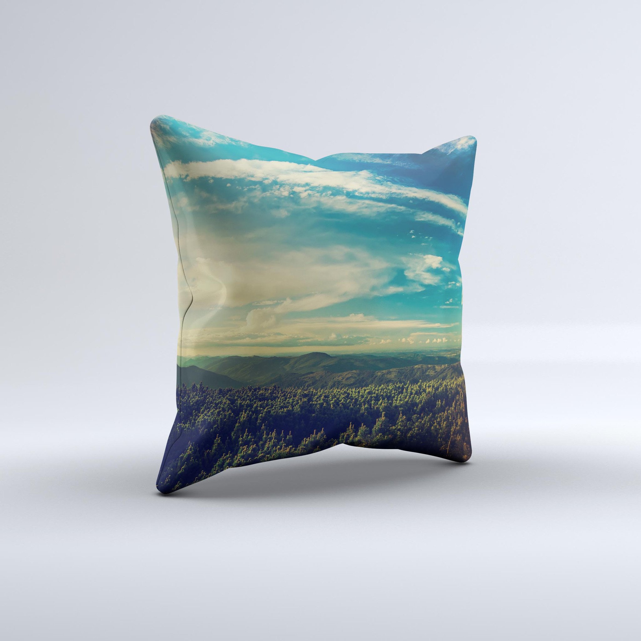 A handcrafted decorative throw pillow featuring a unique Country Skyline design, made from high-quality poly/cotton fabric with a soft polyester filling.