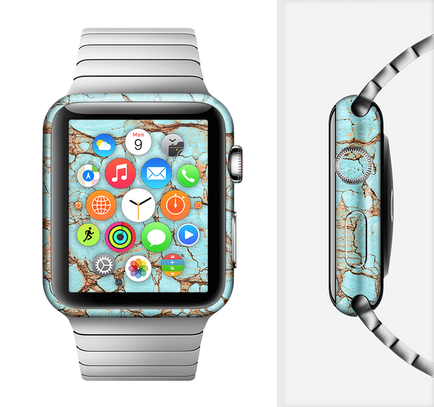 Cracked teal stone skin kit for Apple Watch, showcasing vibrant design and full-body coverage.