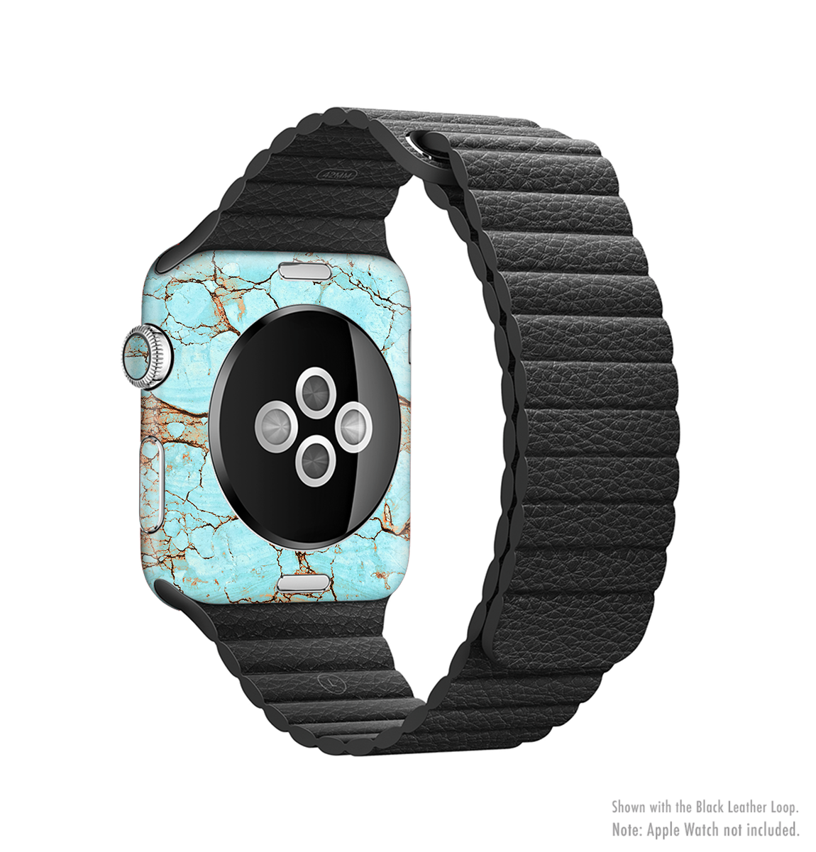 Cracked teal stone skin kit for Apple Watch, showcasing vibrant design and full-body coverage.